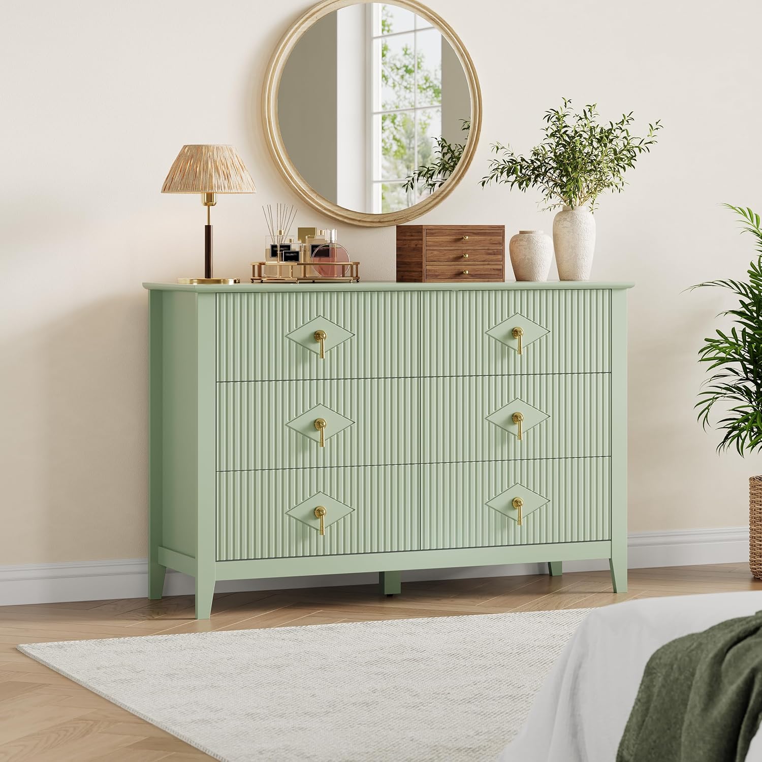 GarveeHome Fluted Dresser for Bedroom, 47.2 Inch Wide 6-Drawer Wood Dresser, Modern Chest of Drawers, Storage Organizer Cabinet for Living Room, Hallway, Entryway, Green