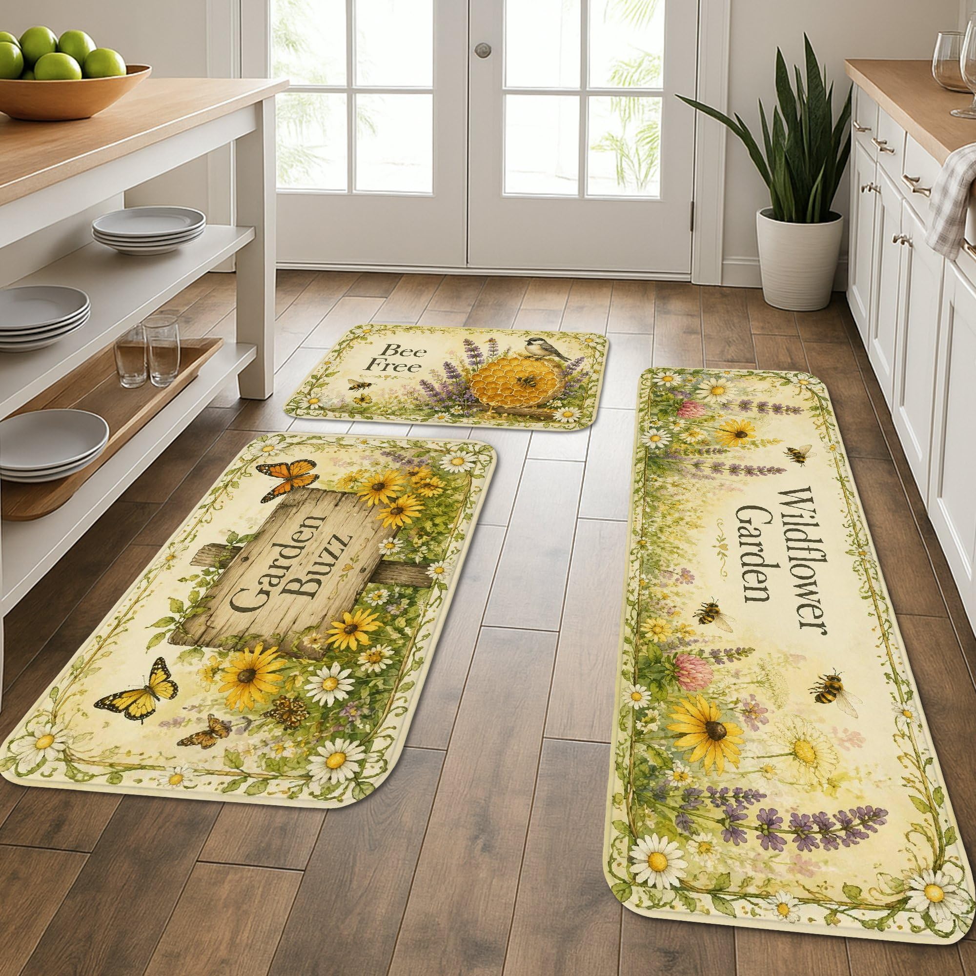 Tapis de cuisine lot de 3 floral et papillon lavable doux pour évier