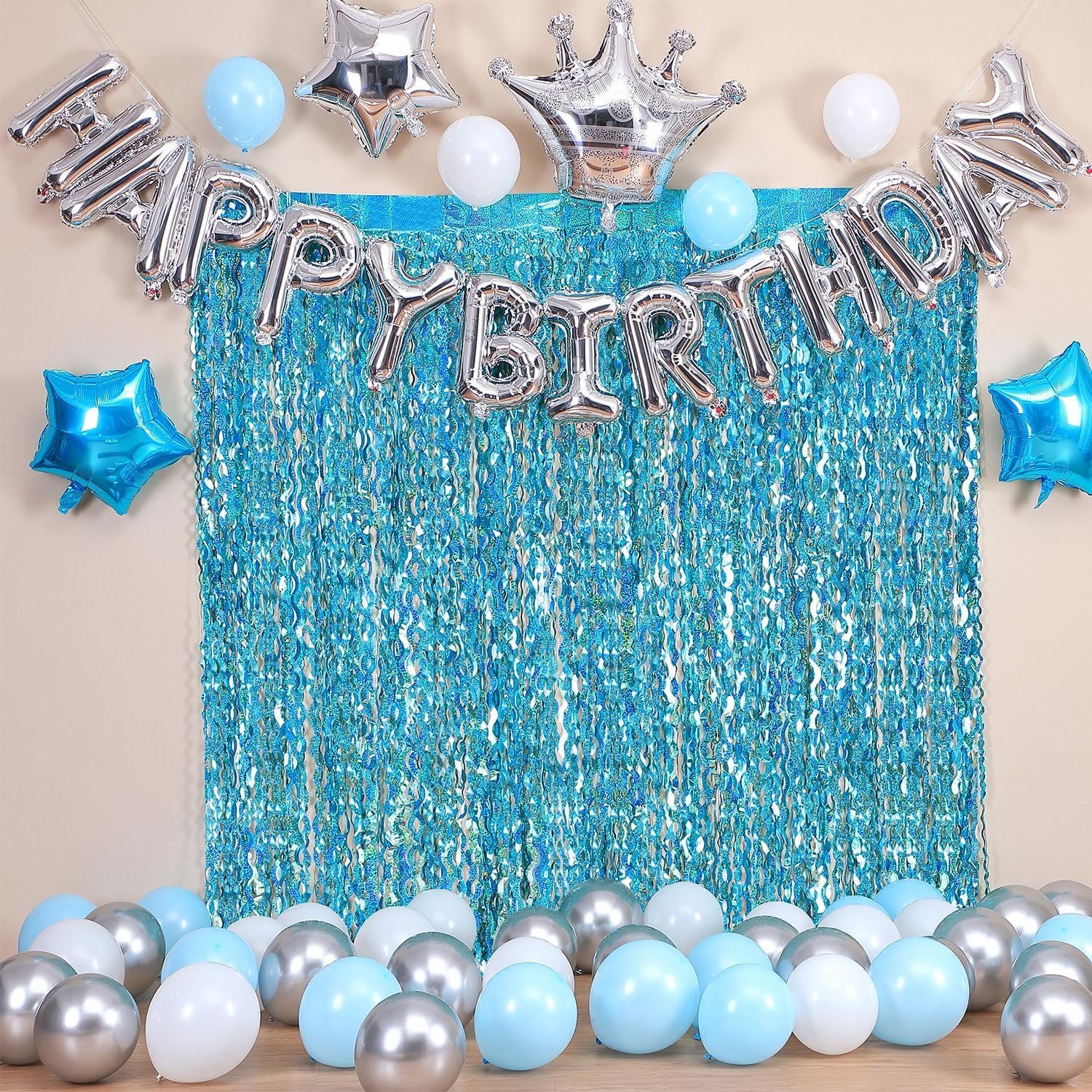 4 Pack Teal Aqua Blue Wavy Foil Fringe Curtains Party Decorations - 3.3 ft x 6.6 ft Sparkle Streamer Tinsel Curtain Party Photo Backdrops for Birthday Party Christmas Graduation Decoration image 4