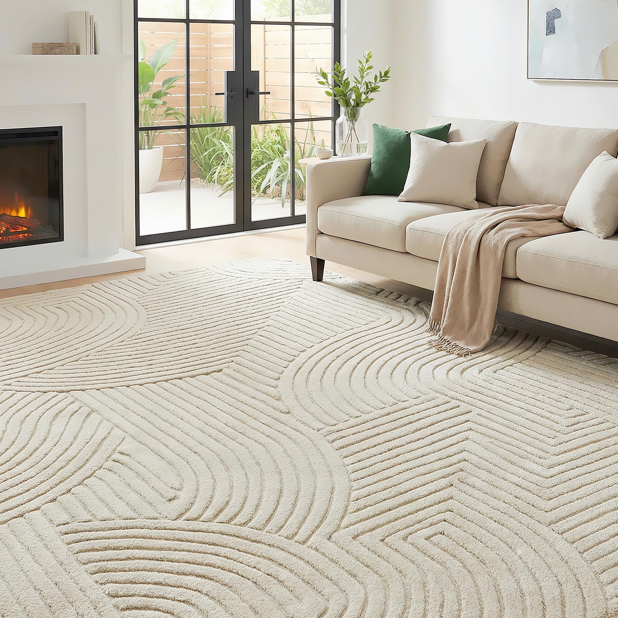 HOMCOM Modern Geometric Rug, Thick Plush, Non-Slip, 200 x 140 cm, Cream, Living Room, Bedroom, Office