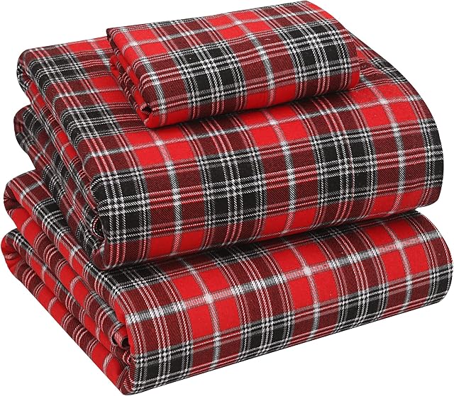 RUVANTI Flannel Feuilles de taille jumelée - 100% Ensemble de feuilles jumelles brushed en coton, poches profondes 16 Inches, toutes les saisons respirant & Draps de lit extra doux, chaud & C'est confortable. 3 Pièce, Plaid rouge