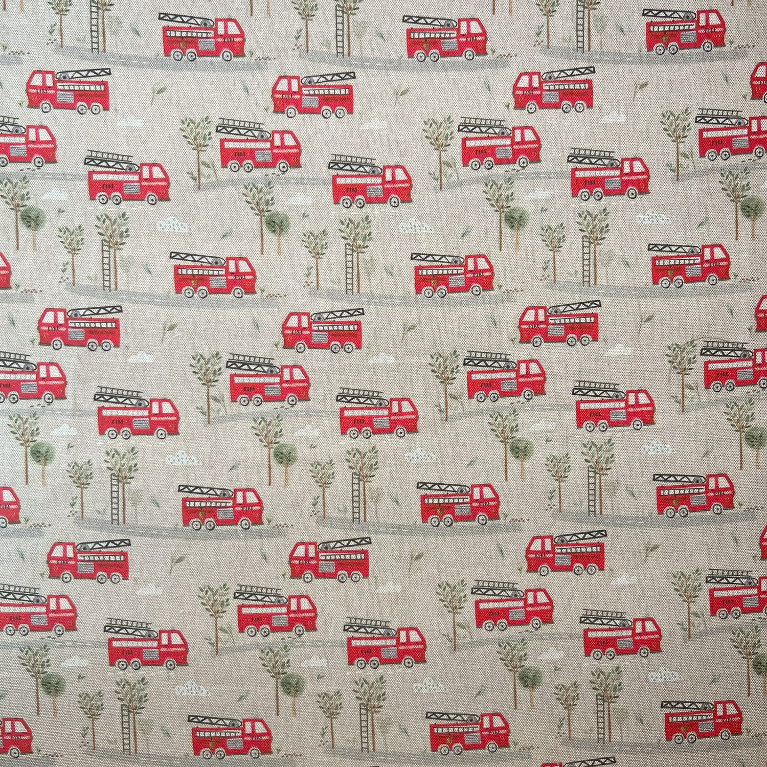 Glamour Secrets Multicoloured Children's Cotton Canvas Fabric - Fire Engines On Natural - Craft Fabric Material Metre