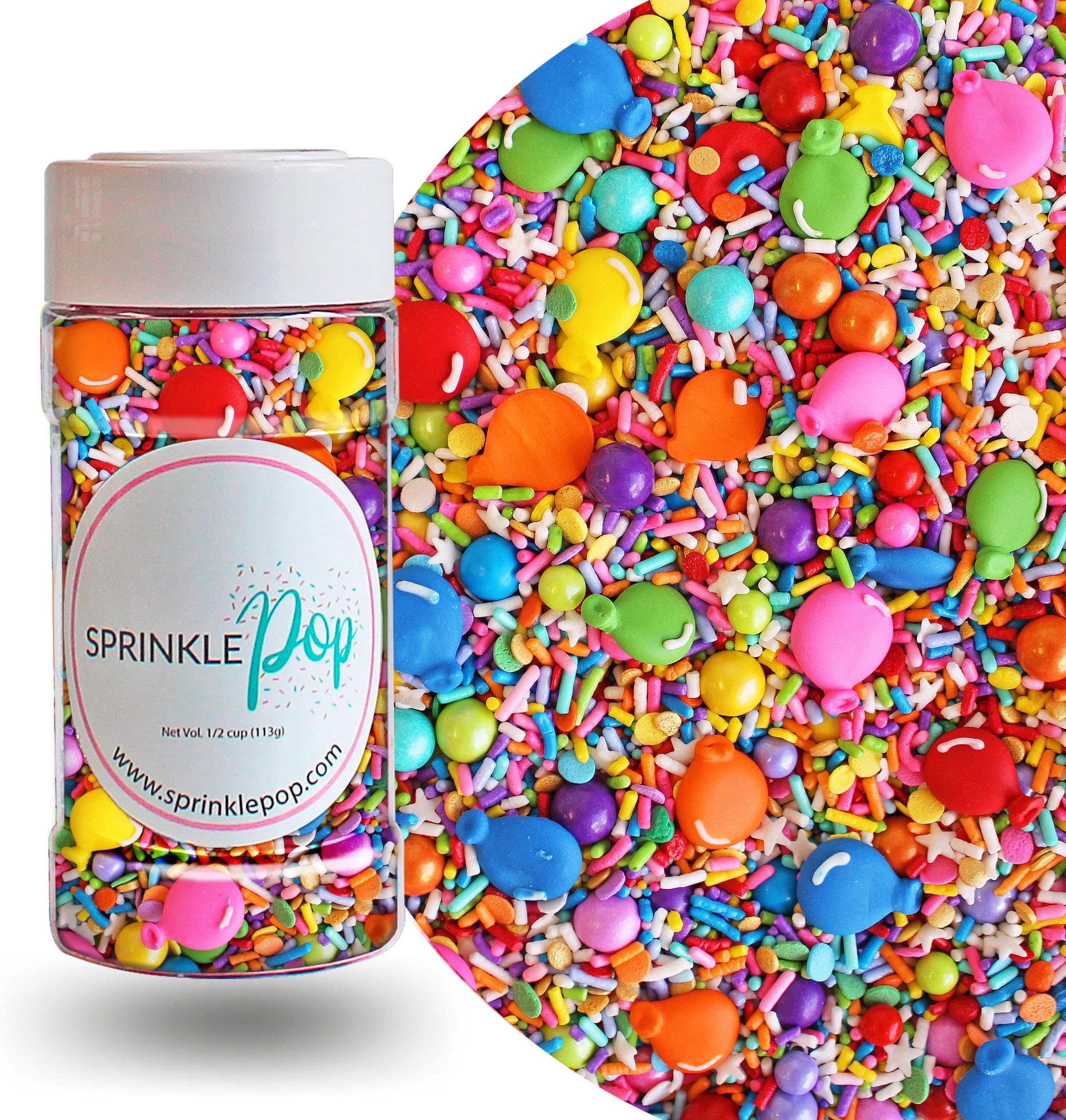 - Sprinkle Pop Rainbow Birthday Sprinkle Mix| Red Orange Yellow Blue Iridescent Rainbow Sprinkles with ~12 Royal Icing Balloons| Girl Boy Sprinkles Made in USA for Decorating Cakes Cupcakes Cookie, 4oz