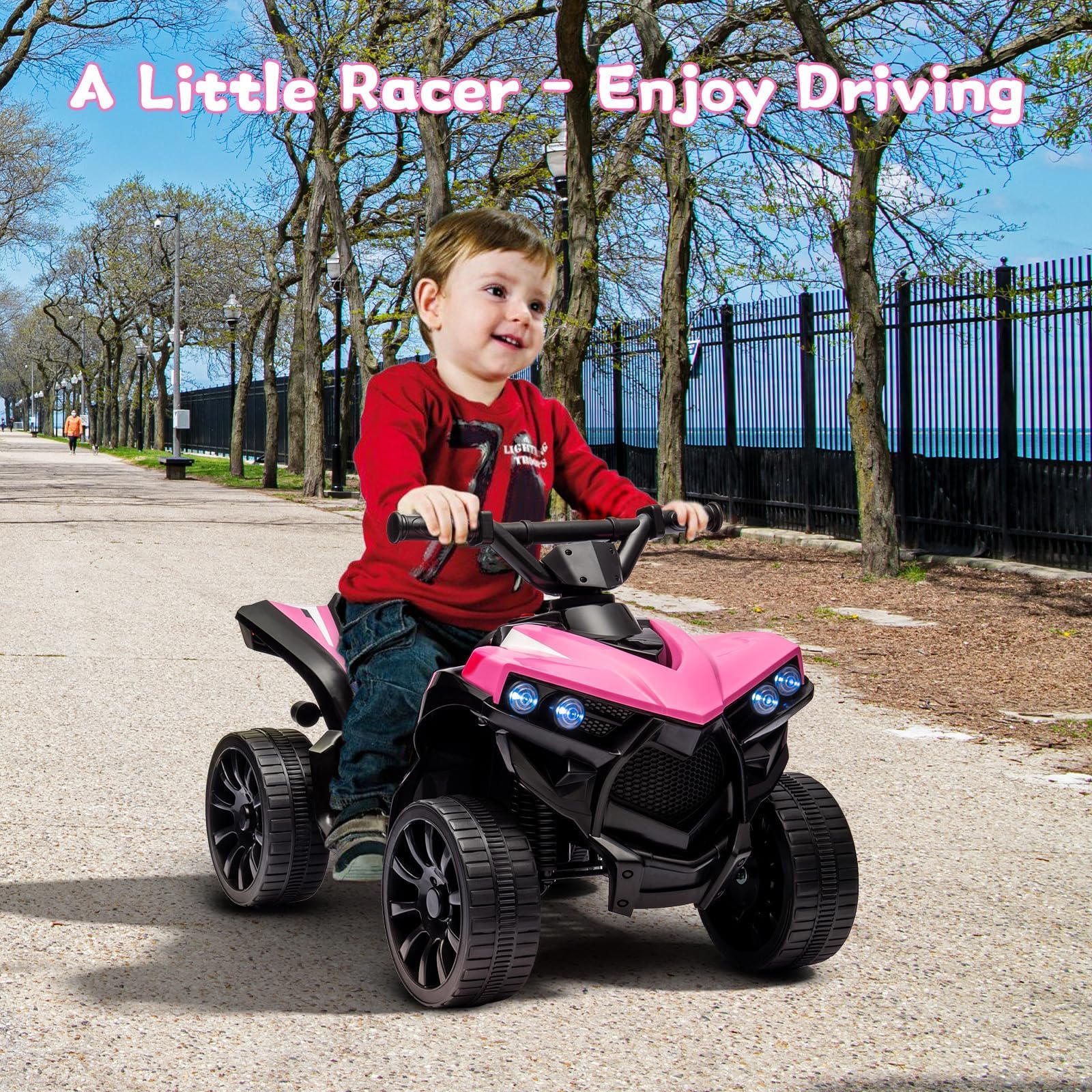 Quad Eléctrico Infantil de 1 Plaza 6 V con Pedal, 1,5 – 3 km/h, Coche Eléctrico para Niños con Música, Trompeta y Faros LED, Vehículo Todoterreno para Niños de 3 – 8 Años (Rosa)