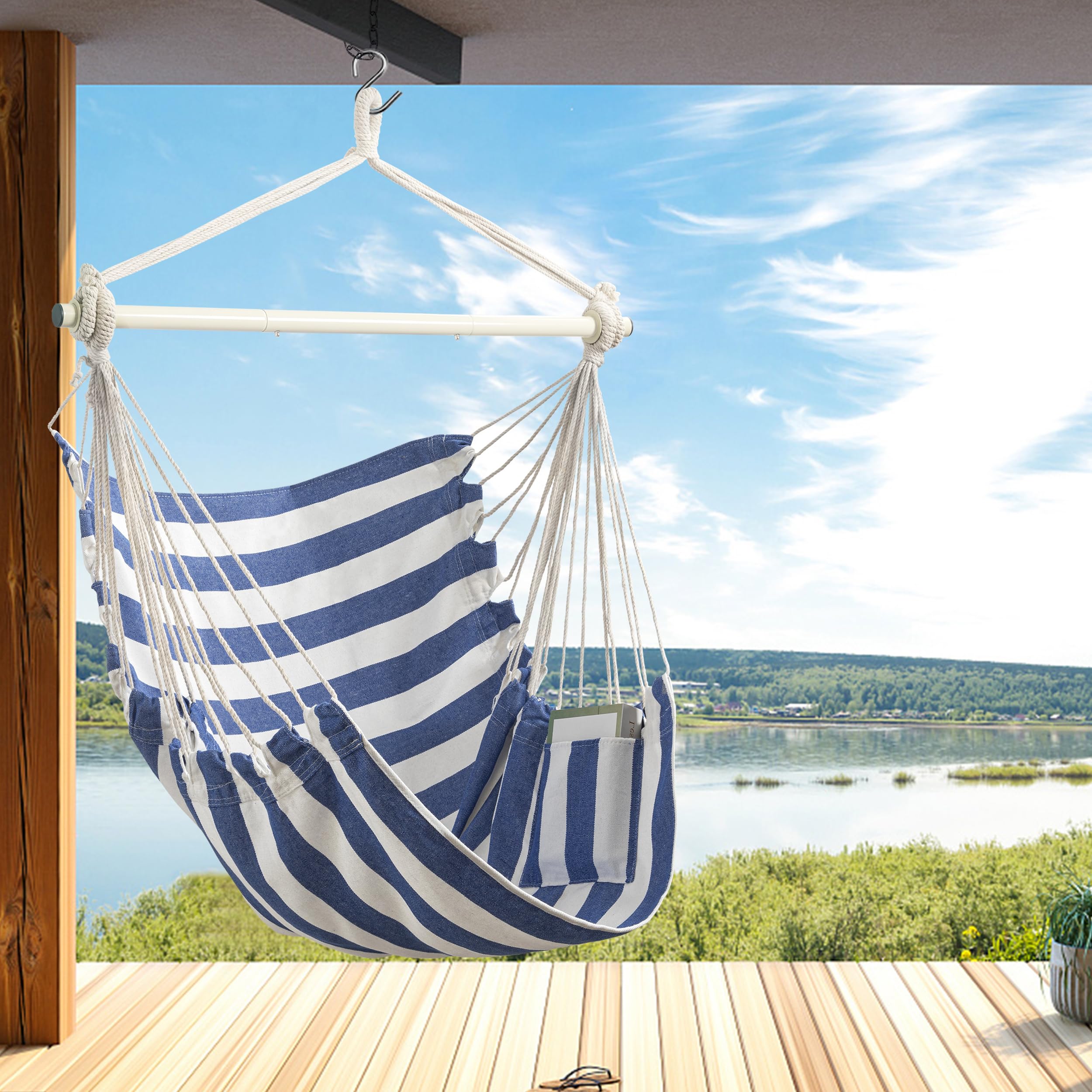 HBlife Hammock Chair Max 350 LBS Oversized Hanging Chair with Portable Metal Rod Cotton Rope Hammock Swing for Bedroom, Blue and White