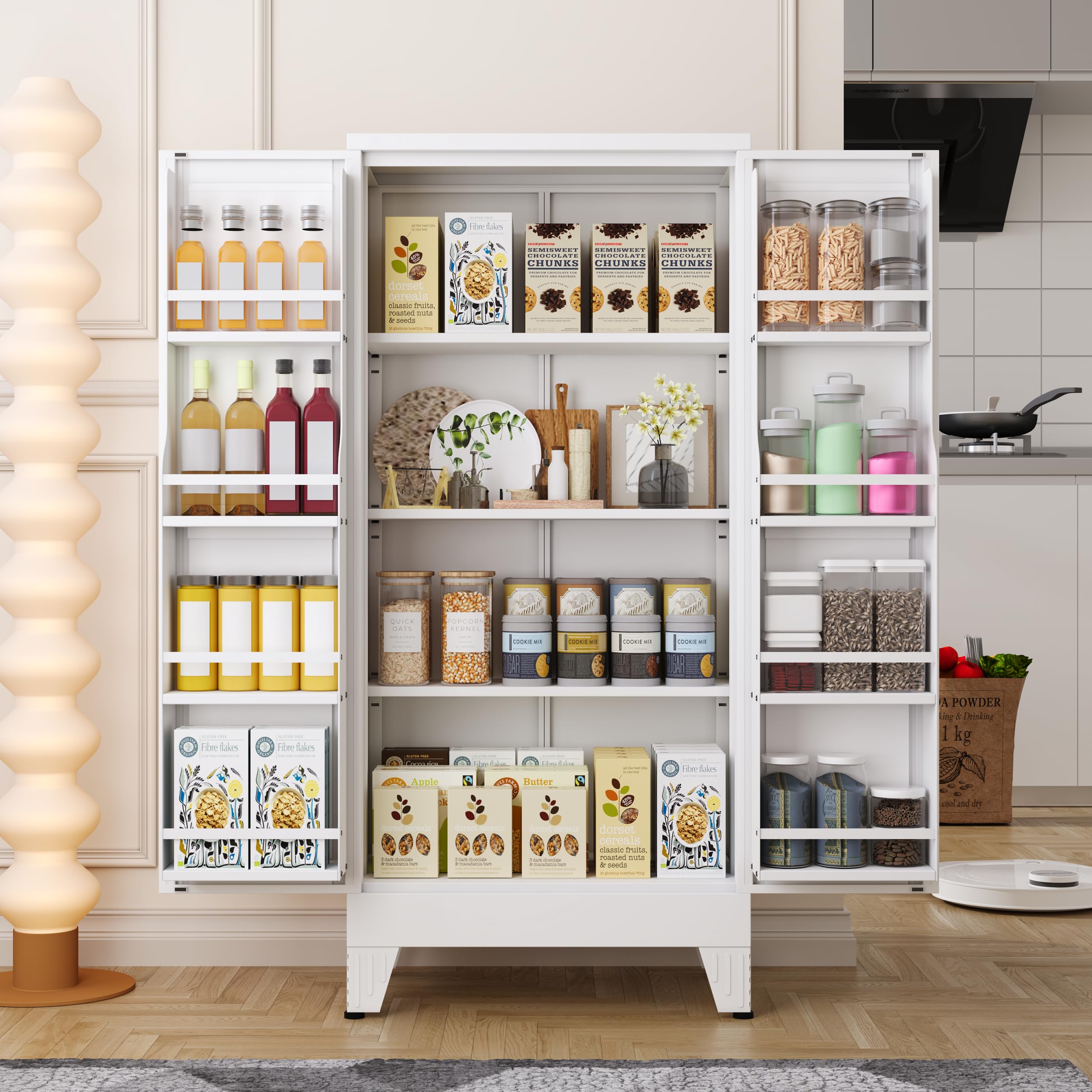 PAOFIN 47" Kitchen Pantry Cabinet, Metal Storage Cabinet with 3 Adjustable Layer Shelves, 8 Door Shelves, Buffet Sideboard for Living Room, Kitchen, White