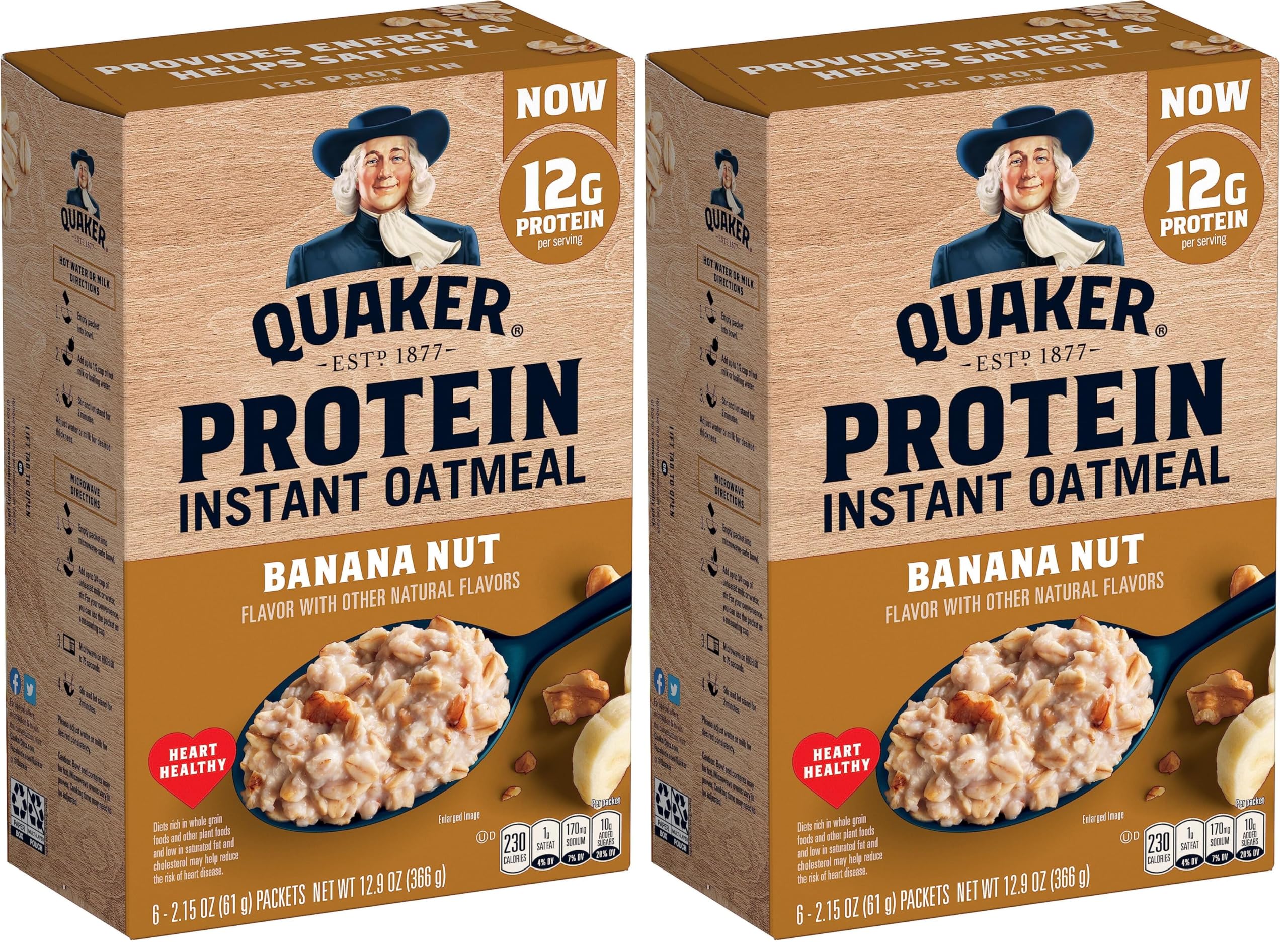Quaker, Protein Instant Oatmeal, Banana Nut, 12.9 Oz, 6 Count (Pack of 2)