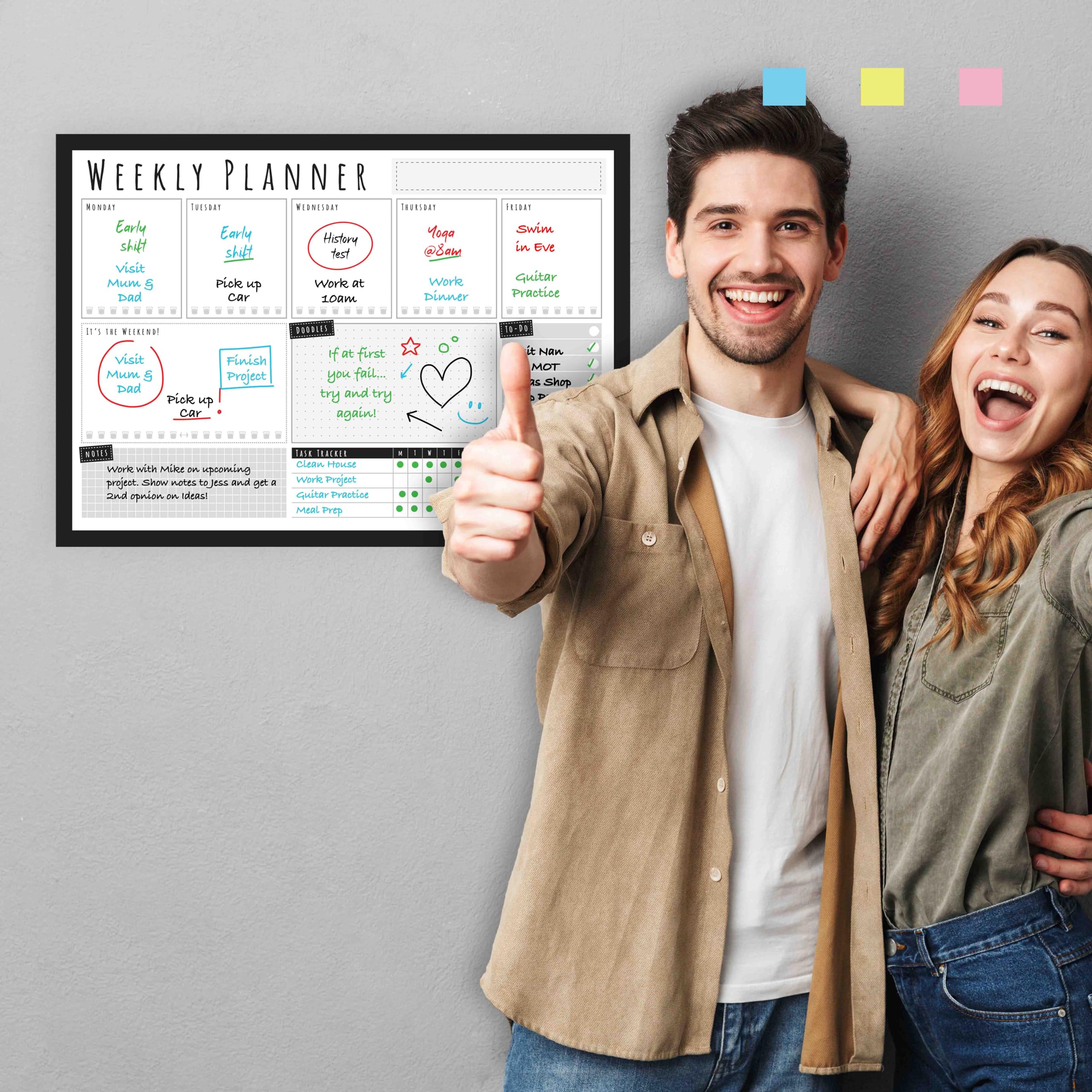 WallTAC Organizador semanal de pared (420 x 297 mm) | Pizarra blanca adhesiva y reutilizable | 4 rotuladores pizarra blanca y borrador incluidos