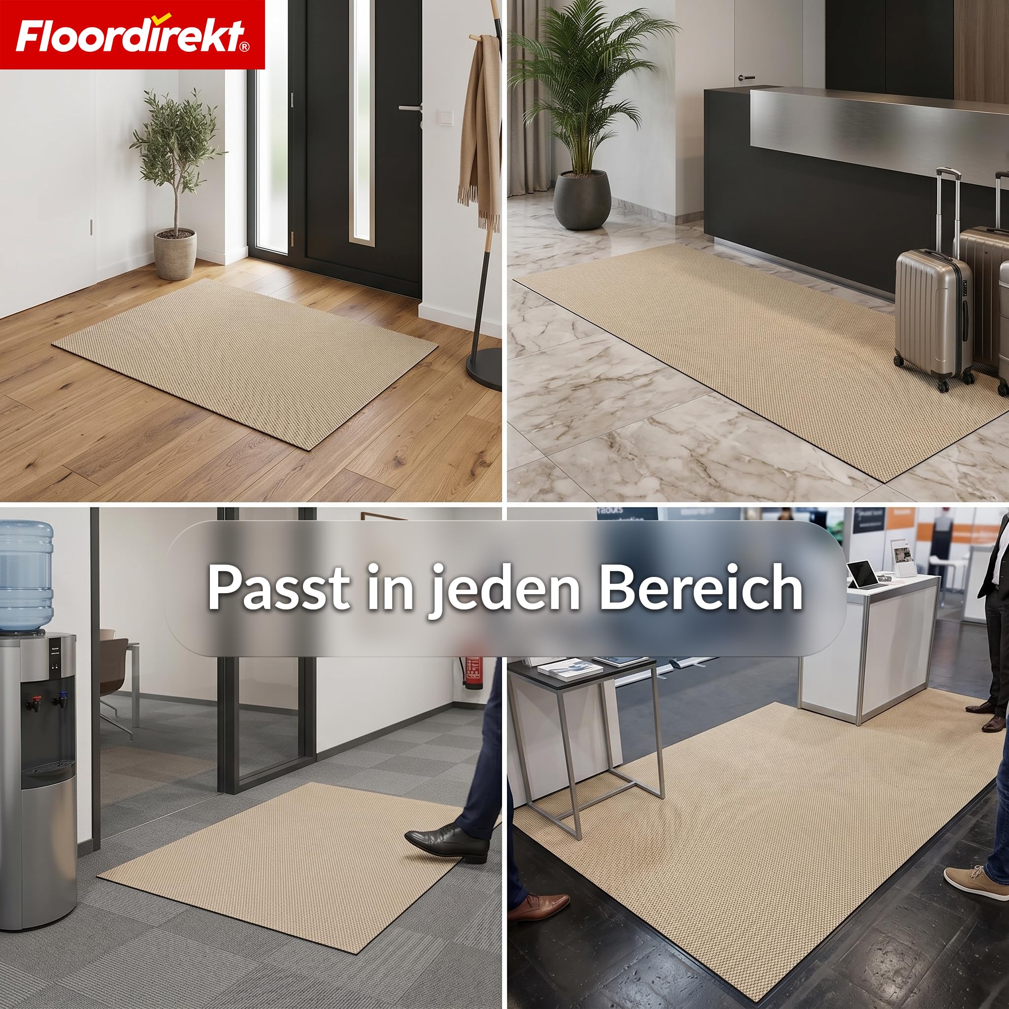 Floordirekt Schmutzfangmatte Beige 100x200cm Hong Kong Pro – rutschfeste Sauberlaufmatte mit TPE-Rücken, robuste Türmatte für Eingangsbereich, Flur & Gewerbe