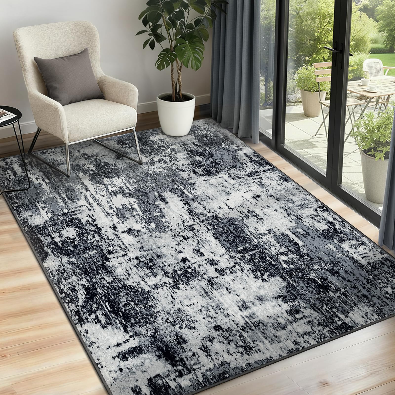INOVADAY Washable Rugs Living Room 90x150 cm Modern Abstract Rug with Soft Low Pile Vacuum Friendly Non Slip Backing Minimalist Carpet for Lounge Bedroom Dining Room Home Office Black/Grey/White/Navy — image 1