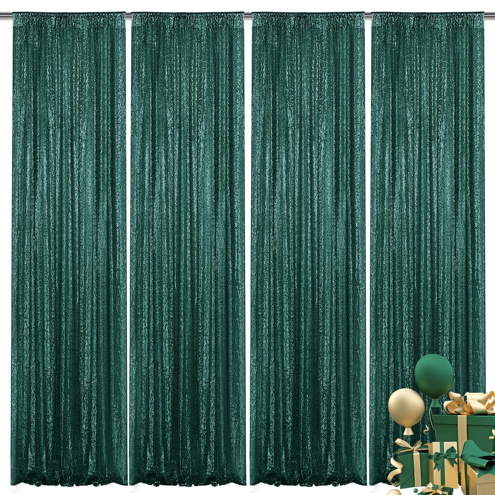 Yblut Dark Green Sequin Backdrop Curtain 4 Pieces 2FTx8FT Glitter Photography Backdrop for Party Wedding Birthday Christmas Decorations