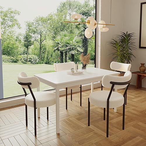 Miniatura 3 de Juego de 5 mesas de comedor rectangulares modernas de interior para 4, mesa de madera maciza y 4 sillas Boucle para cocina, bar, sala de estar,