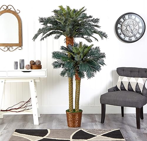 Miniatura 3 de Nearly Natural Palmeras artificiales de sagú de 6 y 4 pies, palmeras artificiales en maceta doble con dos troncos realistas y 80 hojas de palma