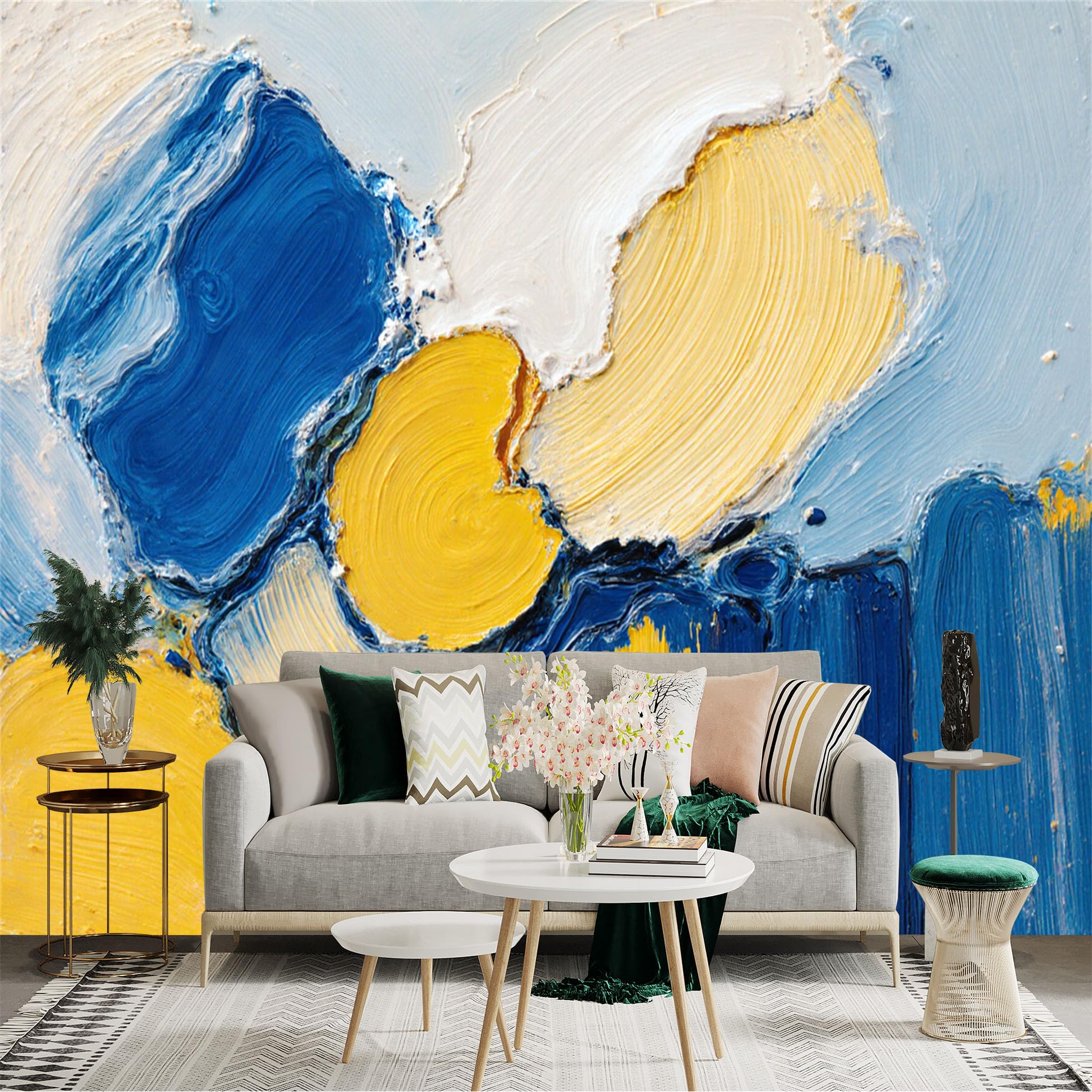 Custom Size Wall Sticker Mural， Abstract Oil Painting， Textured Brushstrokes in Blue and Yellow， Modern Art Style， for wall Decoration， peelandstick wall Decals.