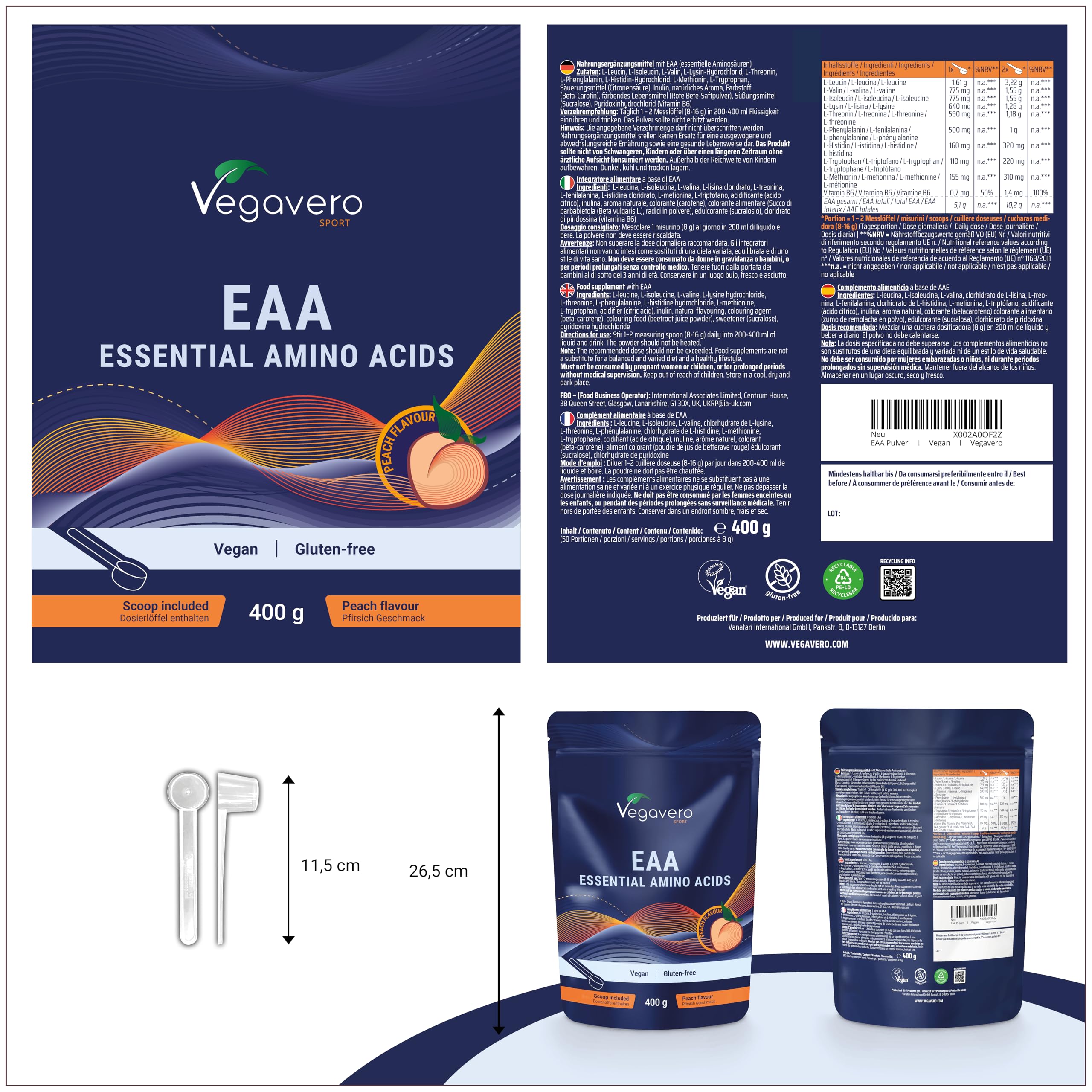 EAA Aminoacidi Essenziali in Polvere | 400 g | 9 EAA e BCAA 2:1:1 | Vegano e Senza Zuccheri | Intra Pre Post Workout | Gusto Pesca | Vegavero®