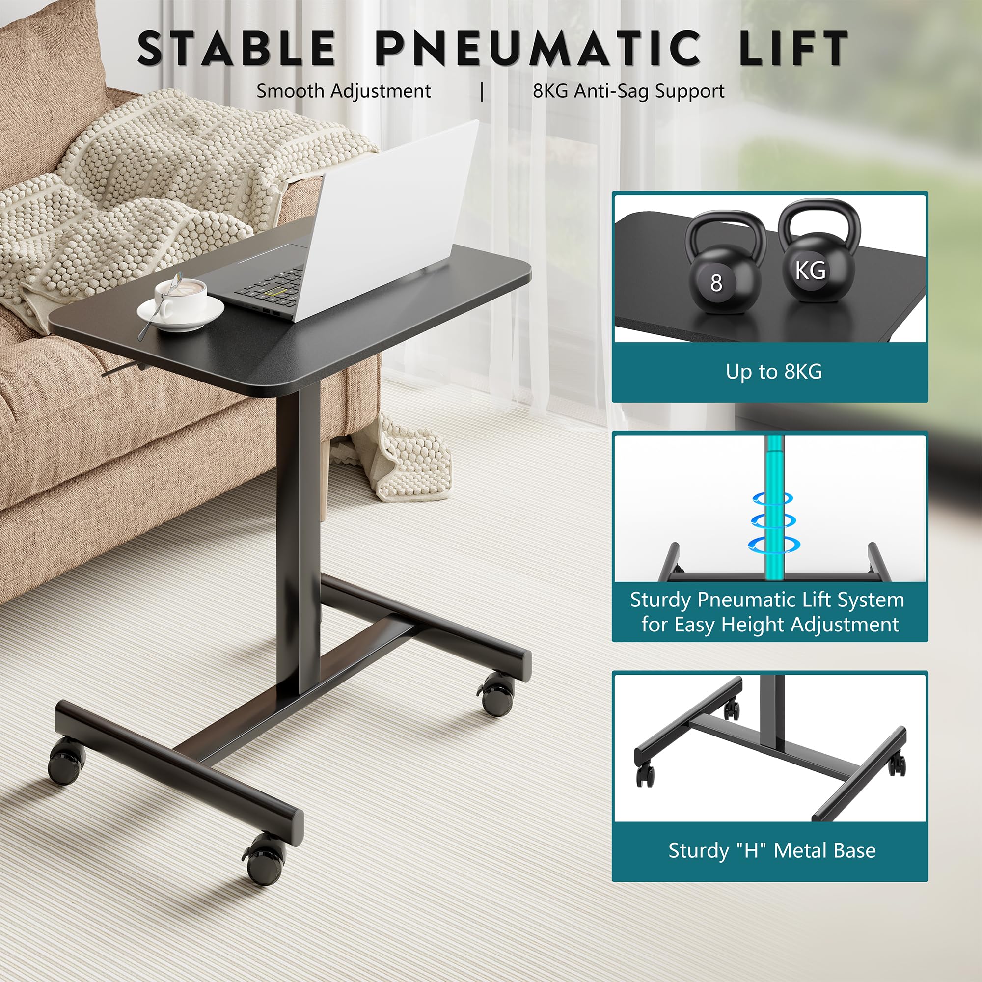 BONTEC Scrivania Regolabile in Altezza con 4 Ruote, Scrivania Salvaspazio, Scrivania Portatile Ergonomica per PC, Tavolino da Letto Pieghevole, 65x48 cm, Scrivania per Casa e Ufficio, Tavolo da Lavoro