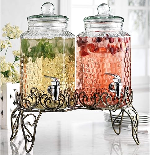 Dispensador clásico de bebidas de vidrio martillado con soporte elegante (juego de 2), dispensador de bebidas de vidrio de 1 galón con soporte y