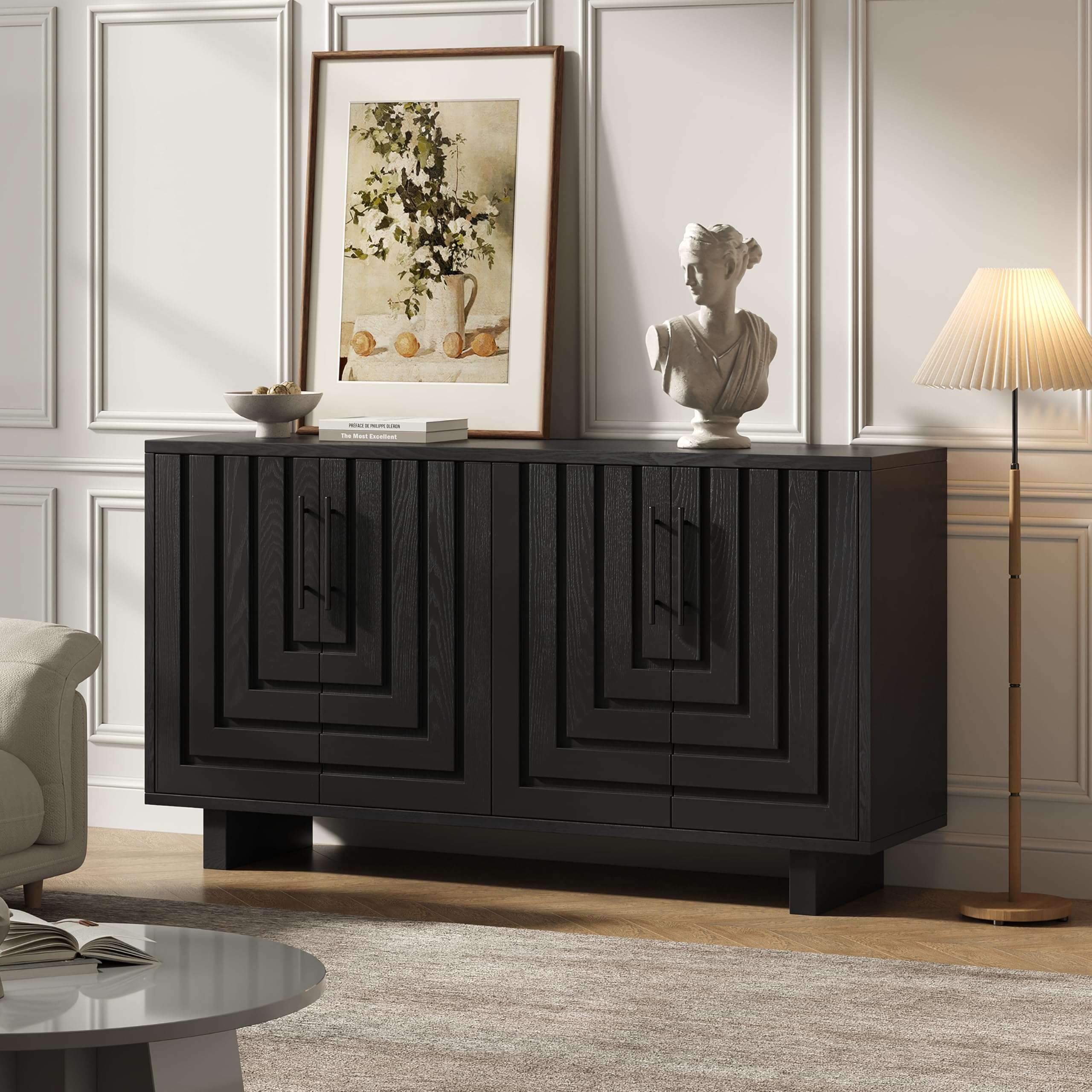 Photo 1 of **Untested**
Christopher Knight Home Guke Modern Wooden Kitchen Sideboard Cabinet with Metal Handles, Rectangular Living Room Storage Cabinet with Shelves, Spacious Dining Room Cupboard with 4 Doors, Black