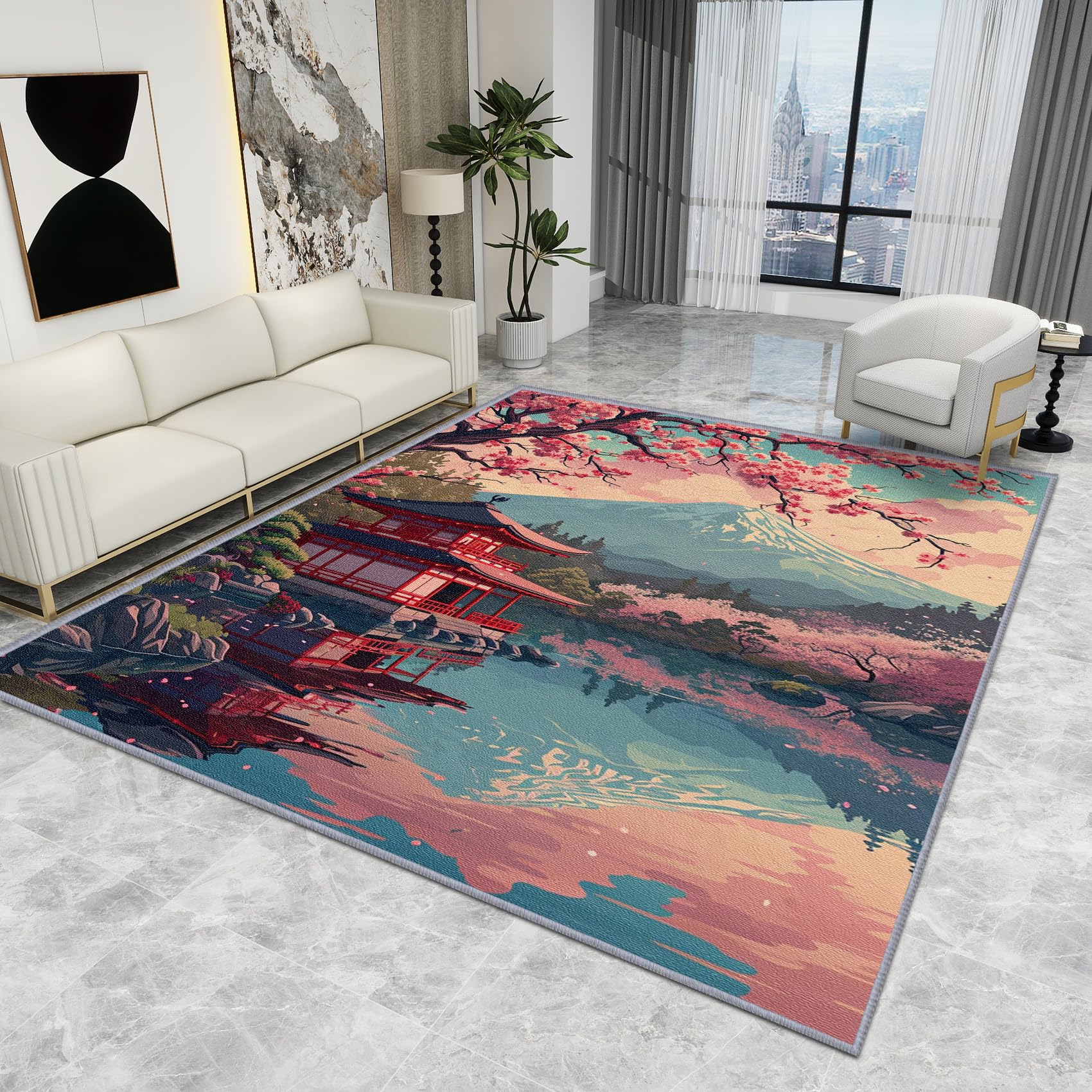 Japanese Themed Rug - Japanese Rug - Cherry Blossom Temple Japan Rugs, Natural Scenery Carpet, Washable Rug Non Slip Low Pile Soft Small Area Rugs, Japanese Home Decor Gifts, 80 X 120 cm