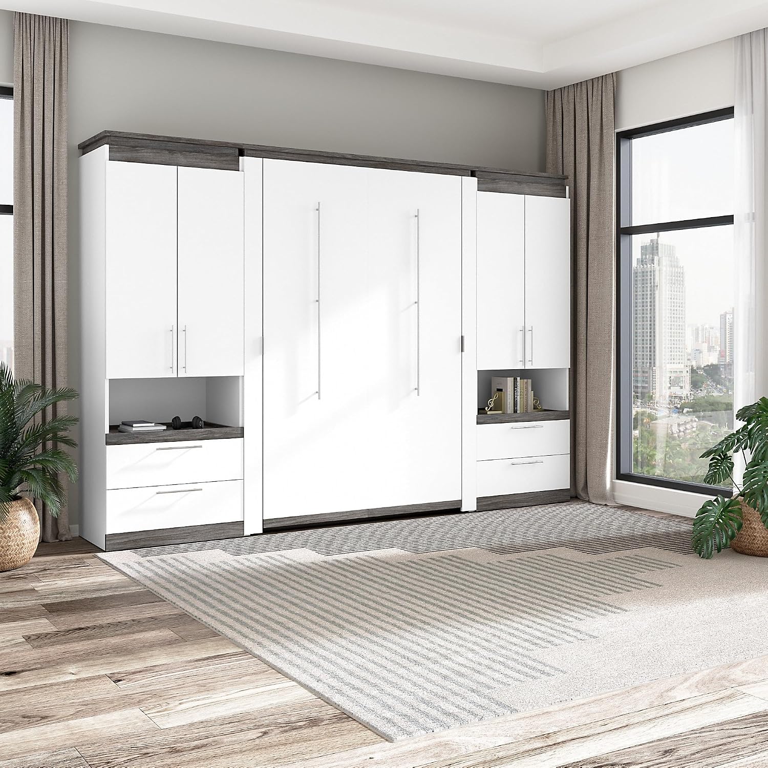 Bestar Orion Full Murphy Bed with Storage Cabinets and Pull-Out Shelf (120W) in White and Walnut Grey, Sleeping Arrangement with Shelves