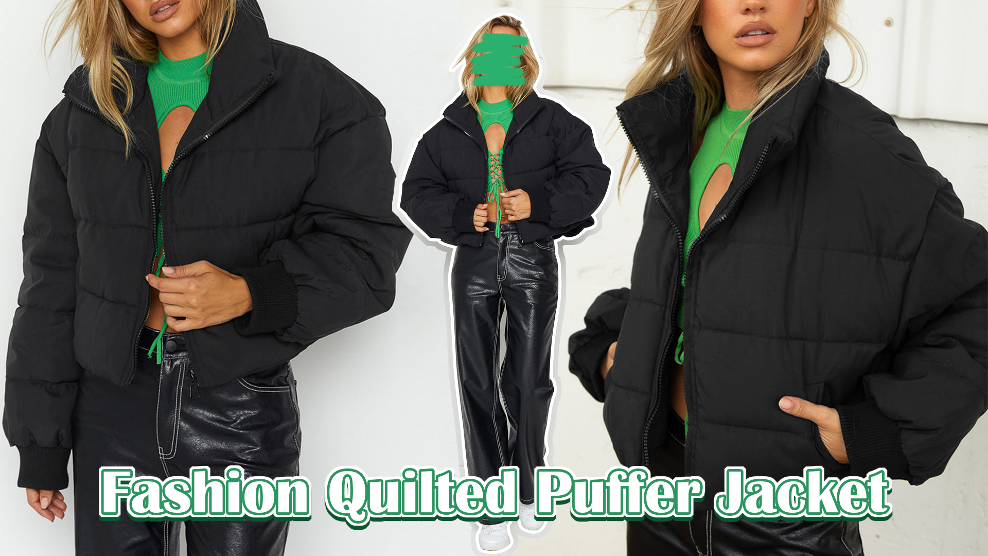 KYL Women's Winter Cropped Puffer Jacket Oversized Zip-Up Quilted