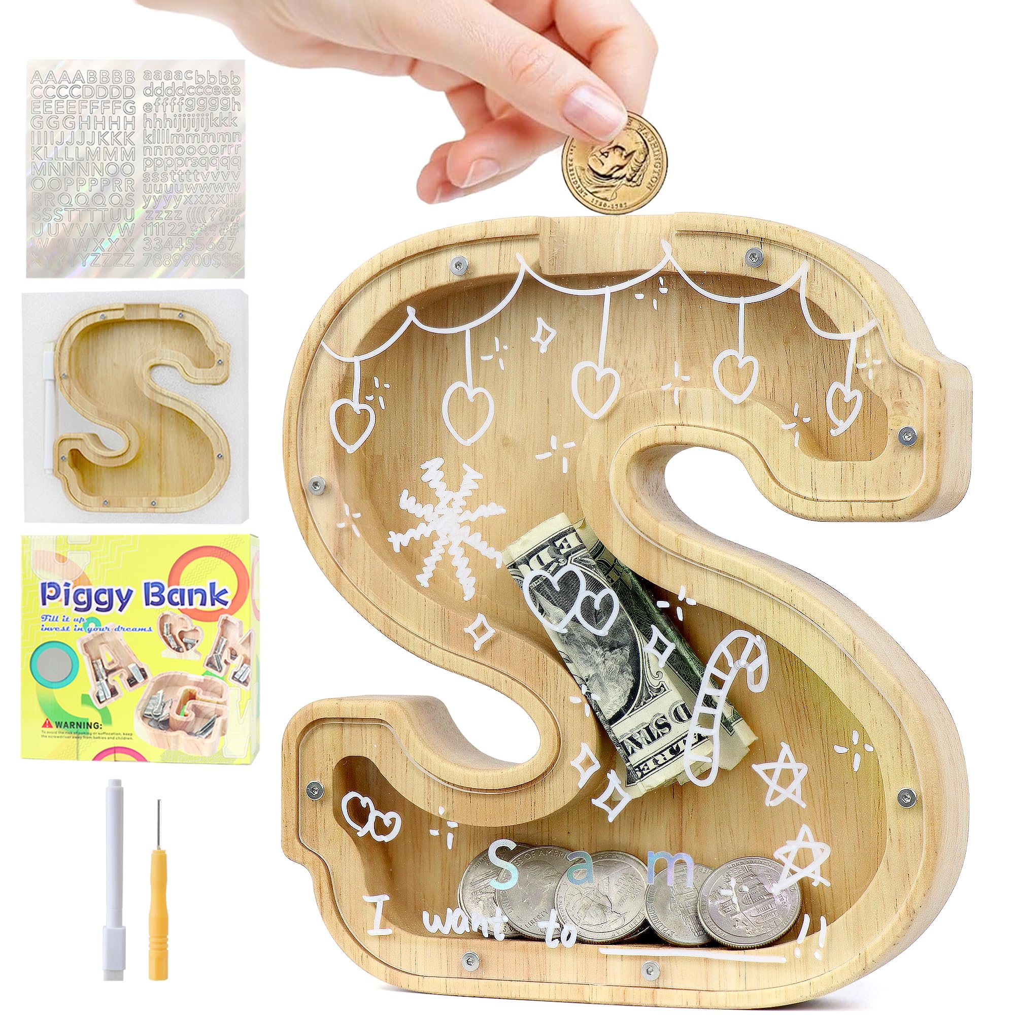 Mikytoper Money Box for Kids Wooden Letter Piggy Banks for Kids Personalized Money Box Clear Money Bank