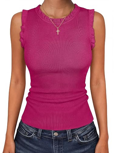 ANRABESS Ribbed Tank Tops for Women Crew Neck Ruffle Sweater