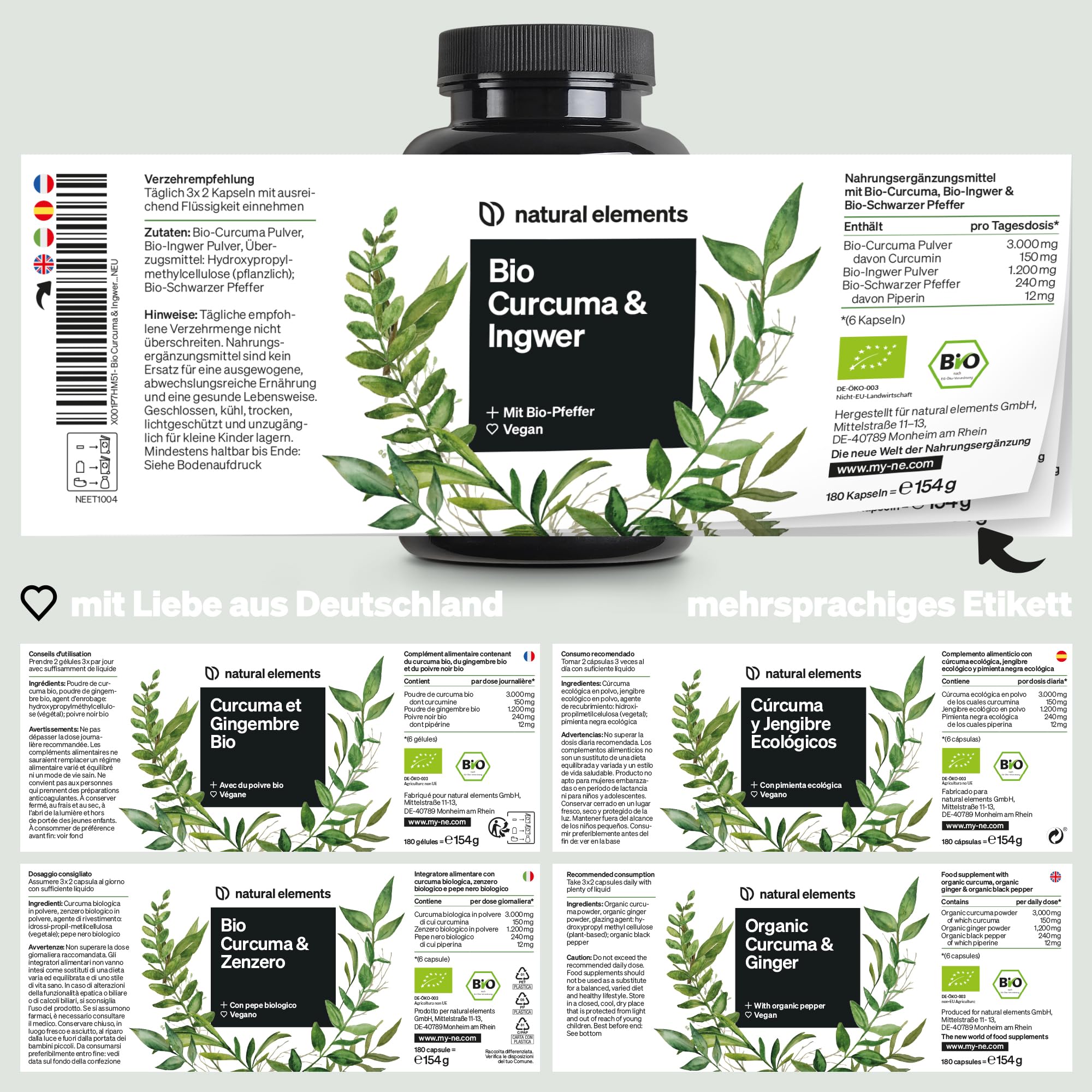 natural elements Bio Curcuma & Ingwer – 180 Kapseln – Bio Kurkuma, Bio Ingwer & Bio Pfeffer – mit Curcumin & Piperin – hochdosiert – in Deutschland produziert & laborgeprüft Vegan