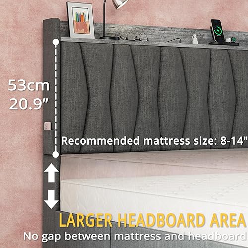 Miniatura 6 de ANCTOR Base de cama tamaño Queen con cabecera de almacenamiento y estación de carga, cama de plataforma tapizada con 3 cajones, no necesita somier,