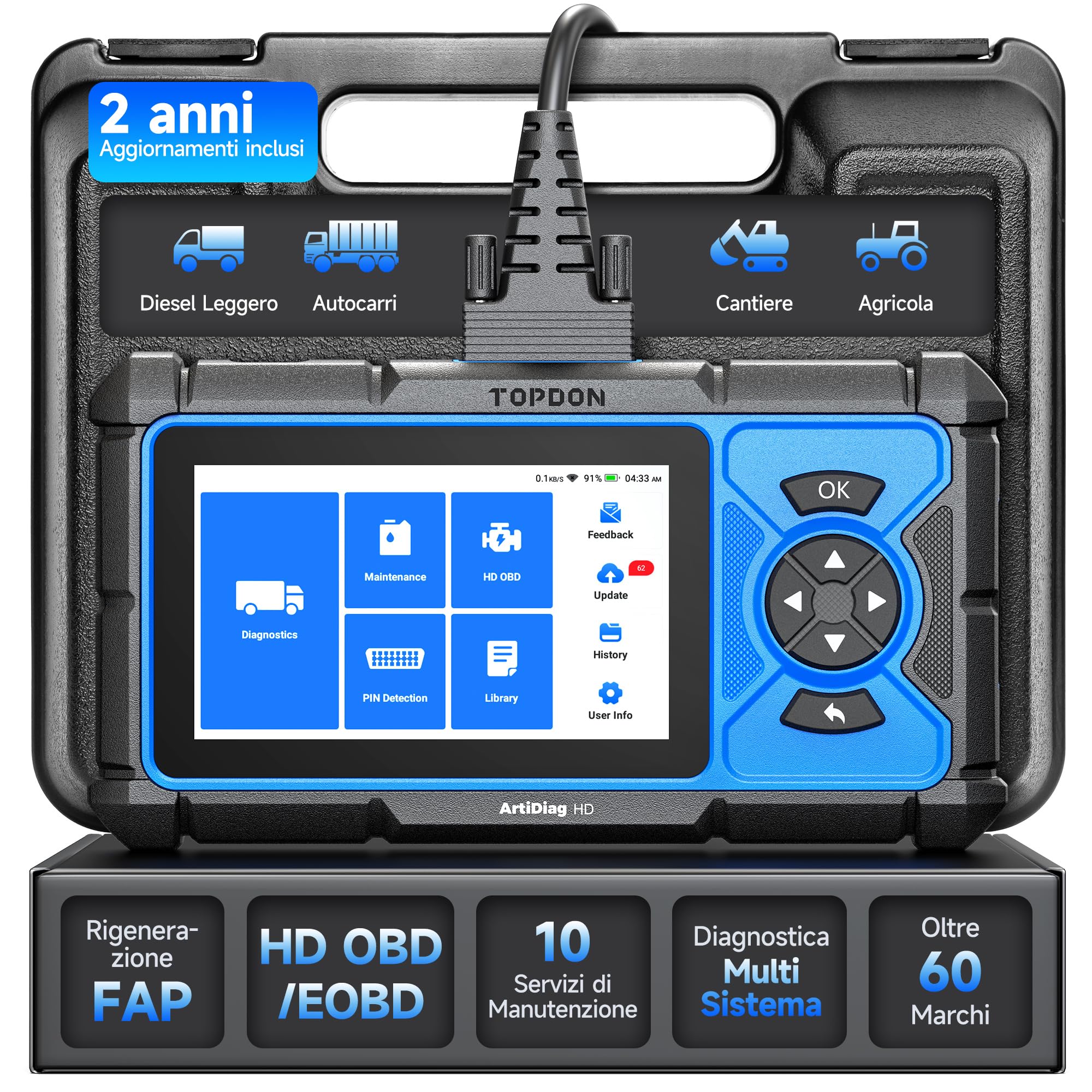 TOPDON ArtiDiag HD Scanner diagnostico camion, Strumento di Diagnostica per camion pesanti & Strumento di Scansione Diesel, 10 Servizi tra cui Rigenerazione DPF, Limitatore di Velocità, OBD/EOBD HD