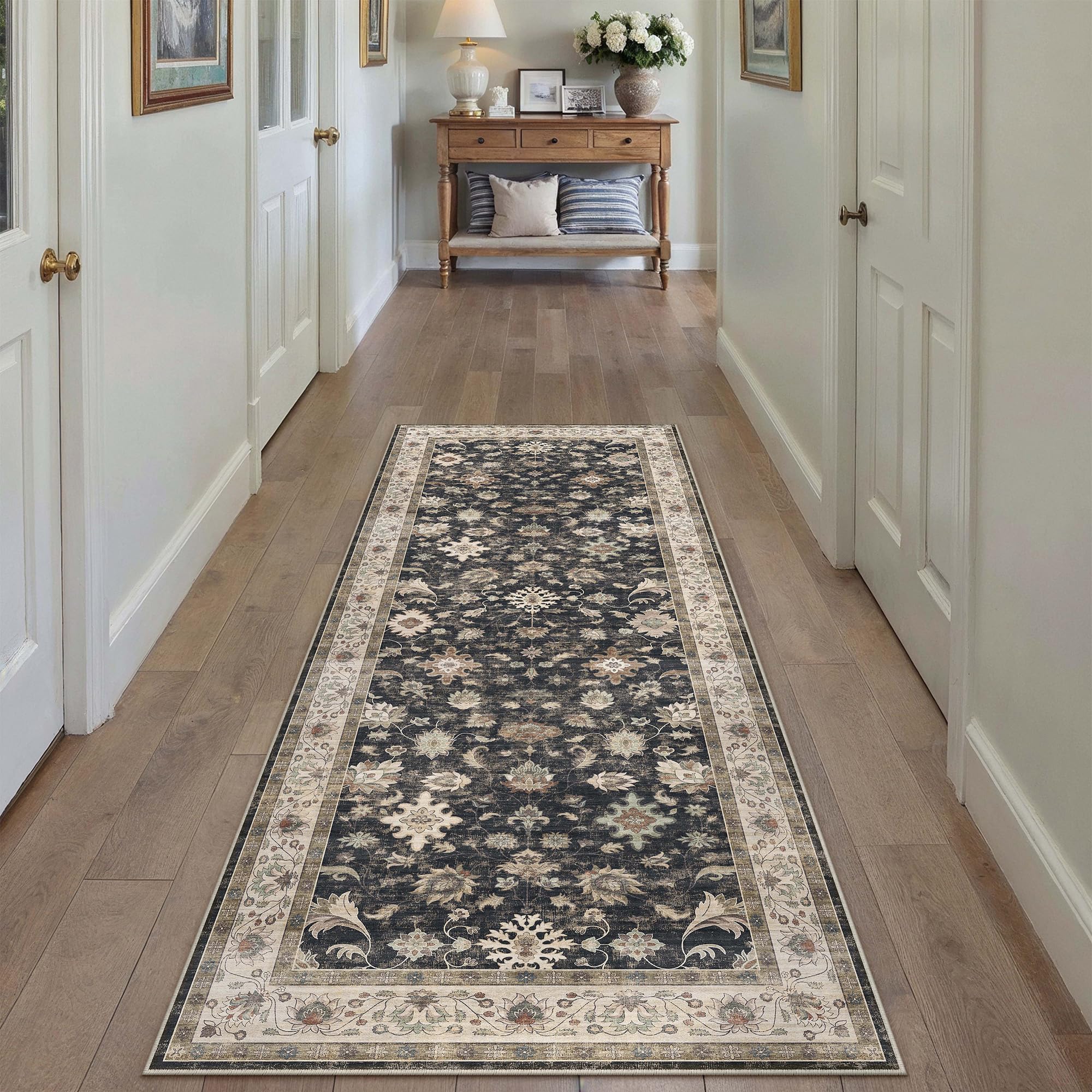 hugear 2x6 runner rug hallway vintage black machine washable retro floral low pile carpet vacuumable distressed long throw rug bedroom office bathroom kitchen farmhouse playroom non slip