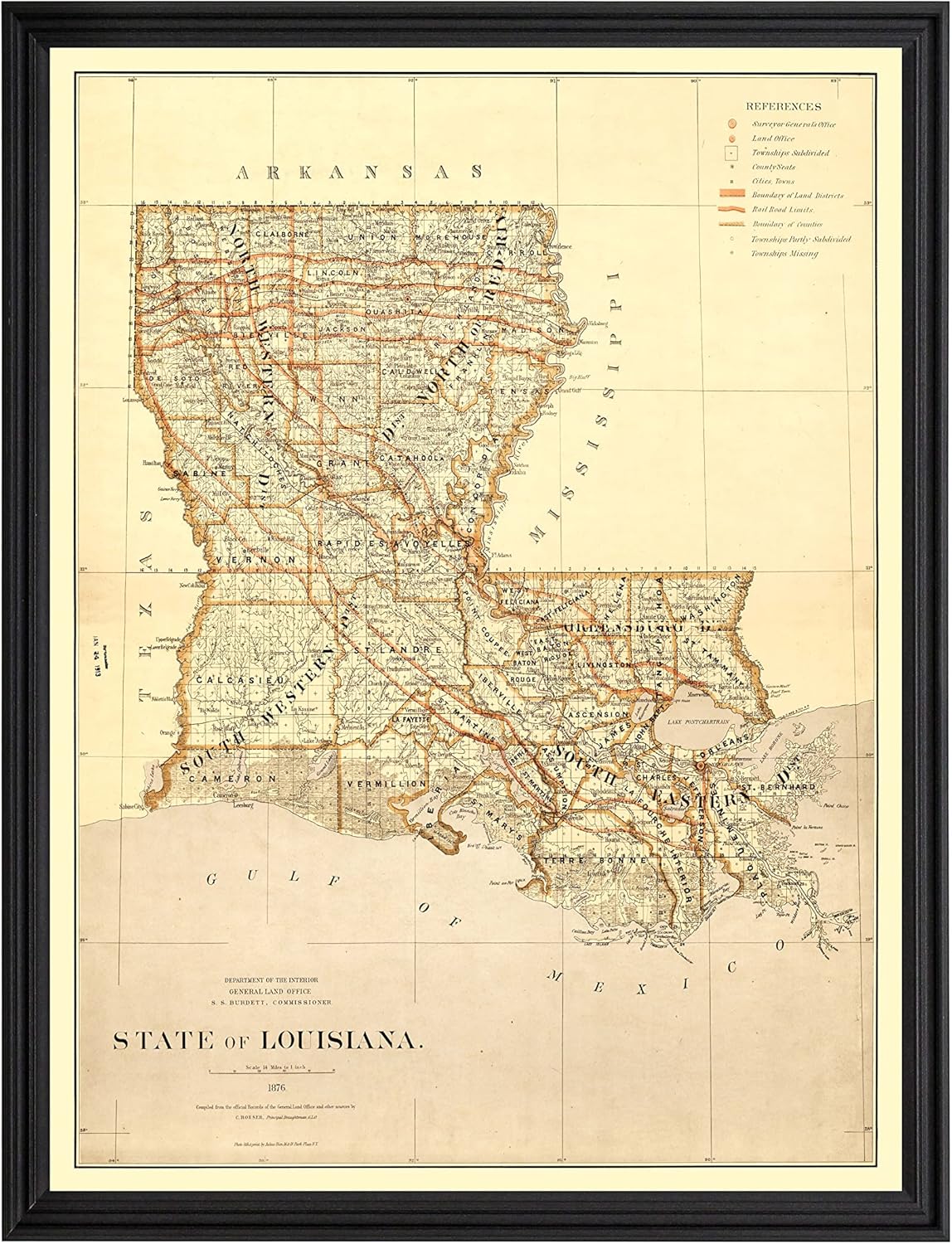 Louisiana Map 1876 Museum Quality Vintage Louisiana Art Wall Decor Reproduction