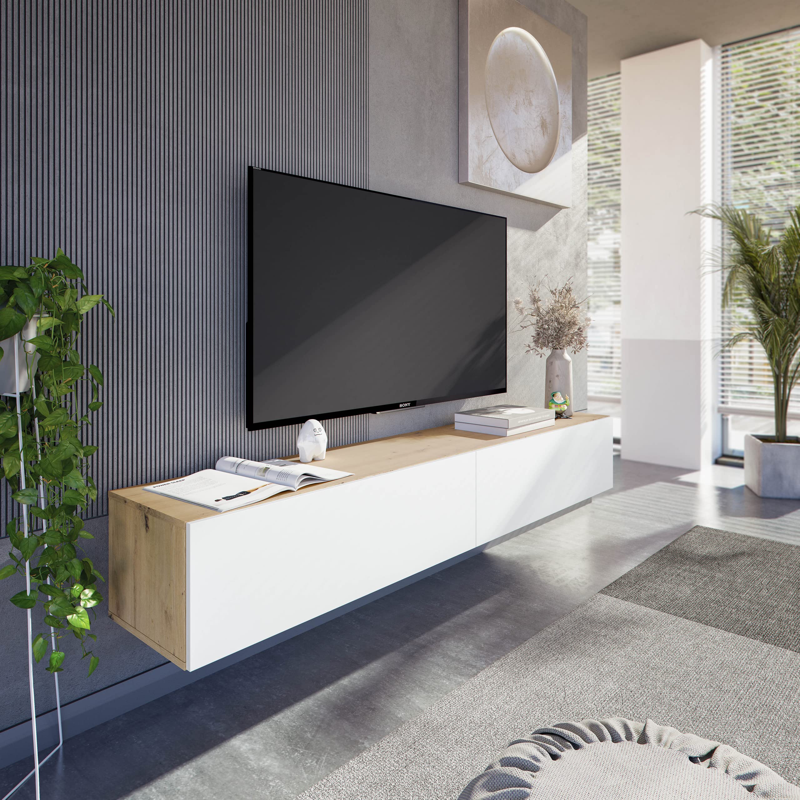 Homely - Mueble de TV de diseño Moderno de Pared KAWAY, Tablero de partículas melaminizado Color Blanco artik y Roble nodi, de 180x34,5x28 cm