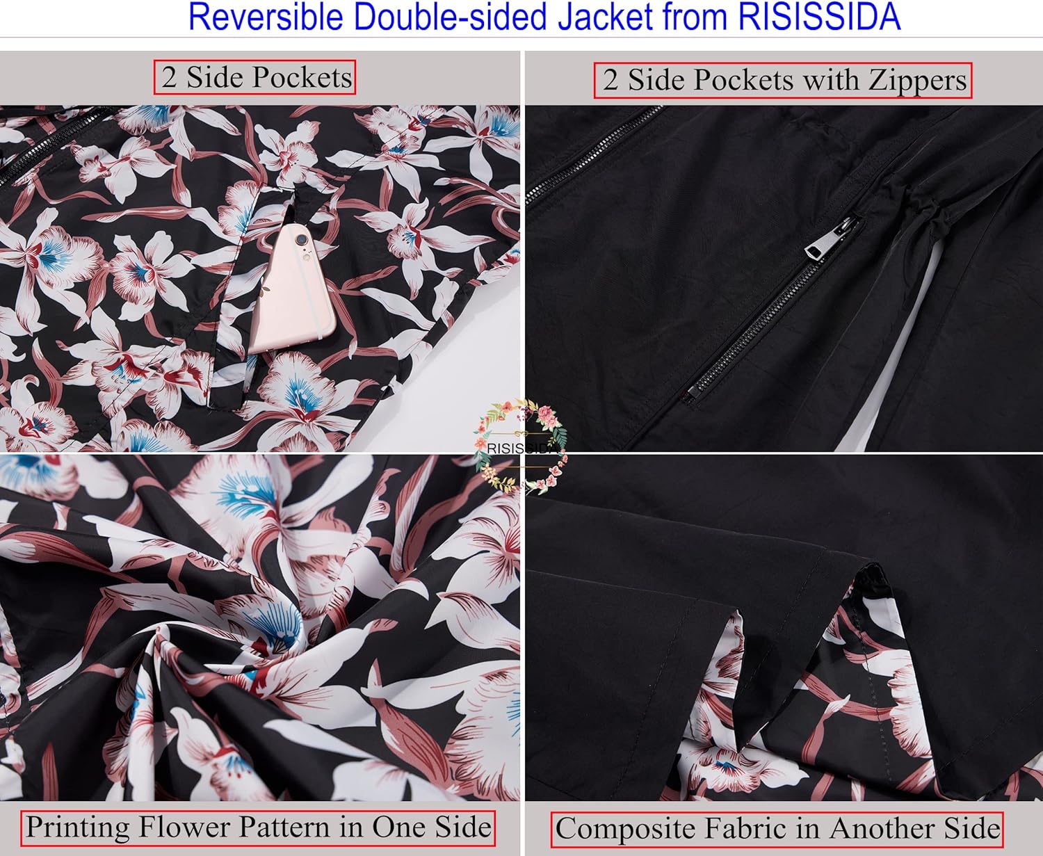 RISISSIDA Women Reversible Floral Print Jacket Hooded Spring Fall Fashion, Casual Lightweight Waterproof Thin Transition Coat - Image 5