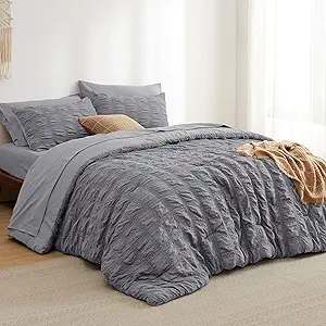 Bedsure Bed in a Bag Twin - 5 Pieces Plaid Seersucker Bedding Comforter Sets, Soft Lightweight Grey Boho Bed Set with Comforters Twin Size, Sheets, Pillowcase & Sham