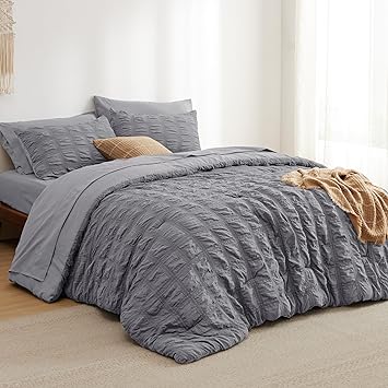 Bedsure Bed in a Bag Twin - 5 Pieces Plaid Seersucker Bedding Comforter Sets, Soft Lightweight Grey Boho Bed Set with Comforters Twin Size, Sheets, Pillowcase & Sham