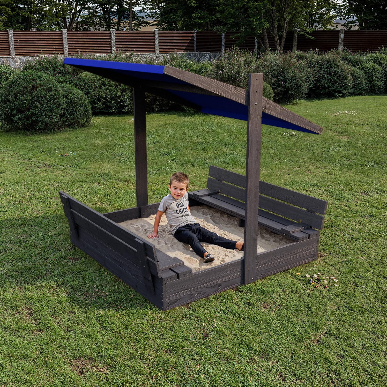 QLS Bac à Sable Bois 120 cm avec Toit et Banc Bleu/Anthracite