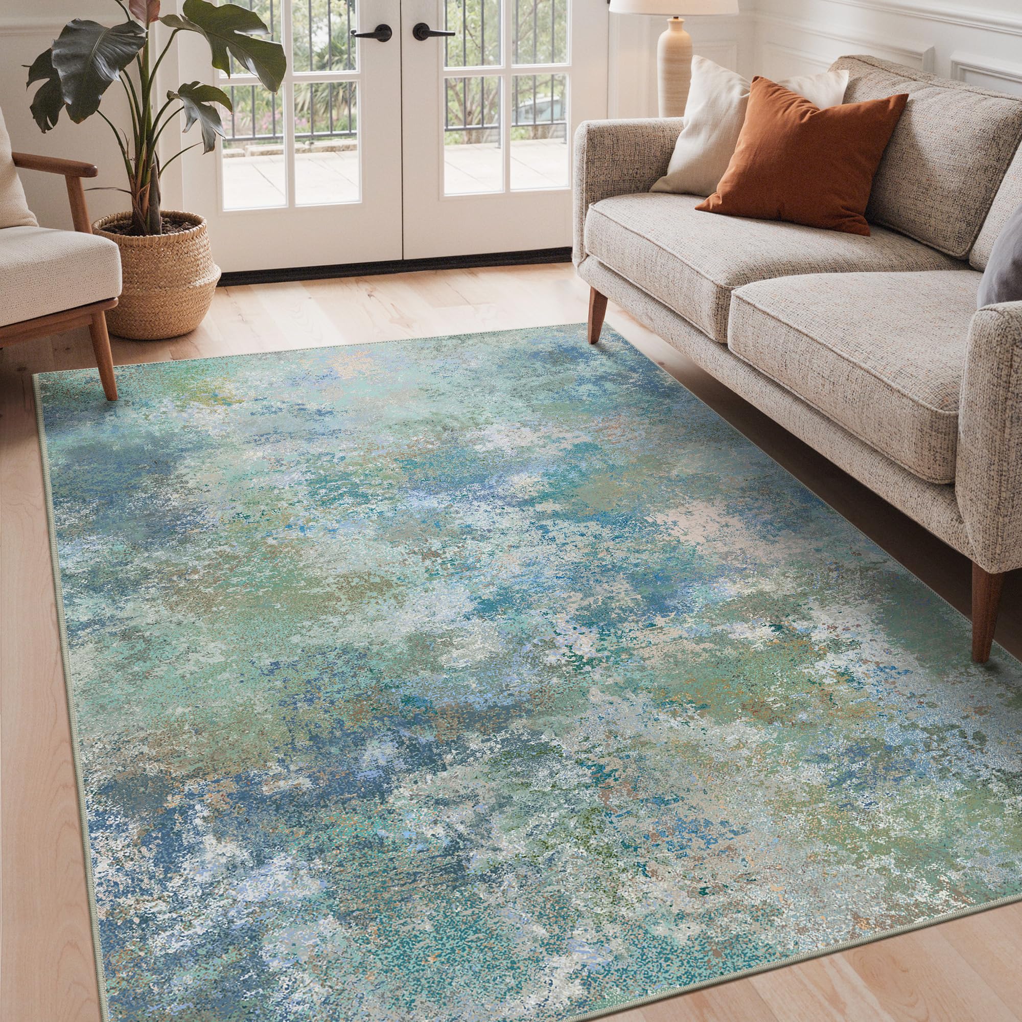 Photo 1 of **ITEM IS DIRTY**
GENIMO Washable Rugs 9x12 Area Rugs for Living Room Bedroom, Modern Lightweight Rug Ultra Soft Indoor Area Rugs 9x12 for Dining Room, Low Pile Carpet with Non Slip Backing, Blue Green