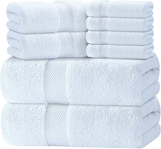 White Classic Luxury 8-Piece Turkish Cotton Bath Towel Set 700 GSM - Absorbent Soft Bath Hand Towels Washcloths
