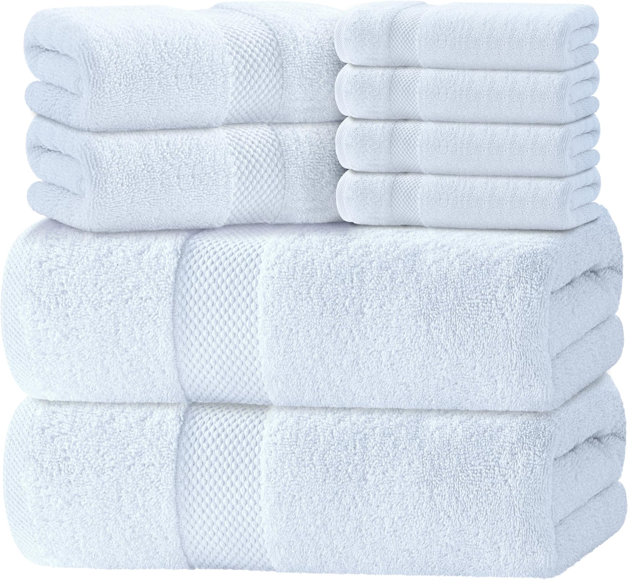 Luxury 8Piece Bath Towel Set White - 700 GSM Thick Combed Cotton Hotel Quality Highly Absorbent Towels - 2 Bath Towels, 2 Hand Towels, 4 Washcloths [Worth $72.95] (White, 8Pc)