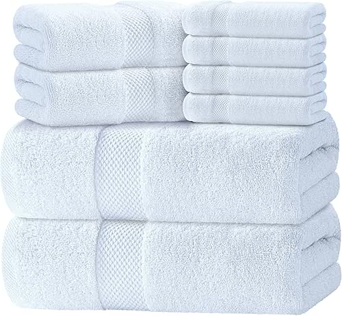 Luxury White Bath Towel Set of 8 Pieces - 100%