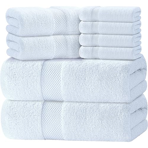 Luxury White Bath Towel Set of 8 Pieces - 100% Turkish Cotton 700 GSM Highly Absorbent Towels for Bathroom, 2 Bath Towels, 2 Hand Towels, 4 Washcloths