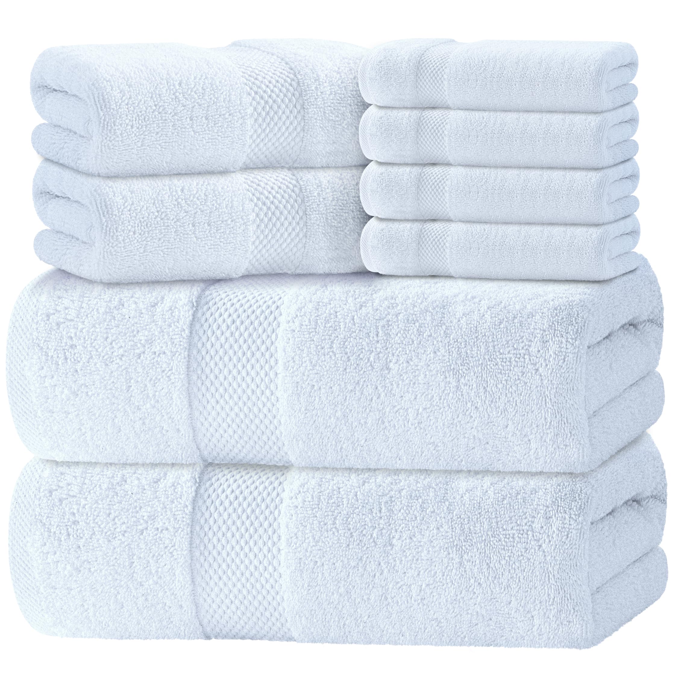 Luxury White Bath Towel Set of 8 Pieces - 100% Turkish Cotton 700 GSM Highly Absorbent Towels for Bathroom, 2 Bath Towels, 2 Hand Towels, 4 WashclothsOEKO-TEX MADE IN GREENOEKO-TEX MADE IN GREENOEKO-TEX MADE IN GREEN