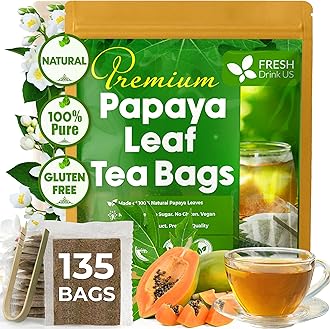FreshDrinkUS, Premium 135 Papaya Leaf Tea Bags, 100% Natural & Pure from Papaya Leaves. Loose Leaf Herbal Tea. Made with Natural Material Tea Bags. No Sugar, No Caffeine, No Gluten, Vegan.