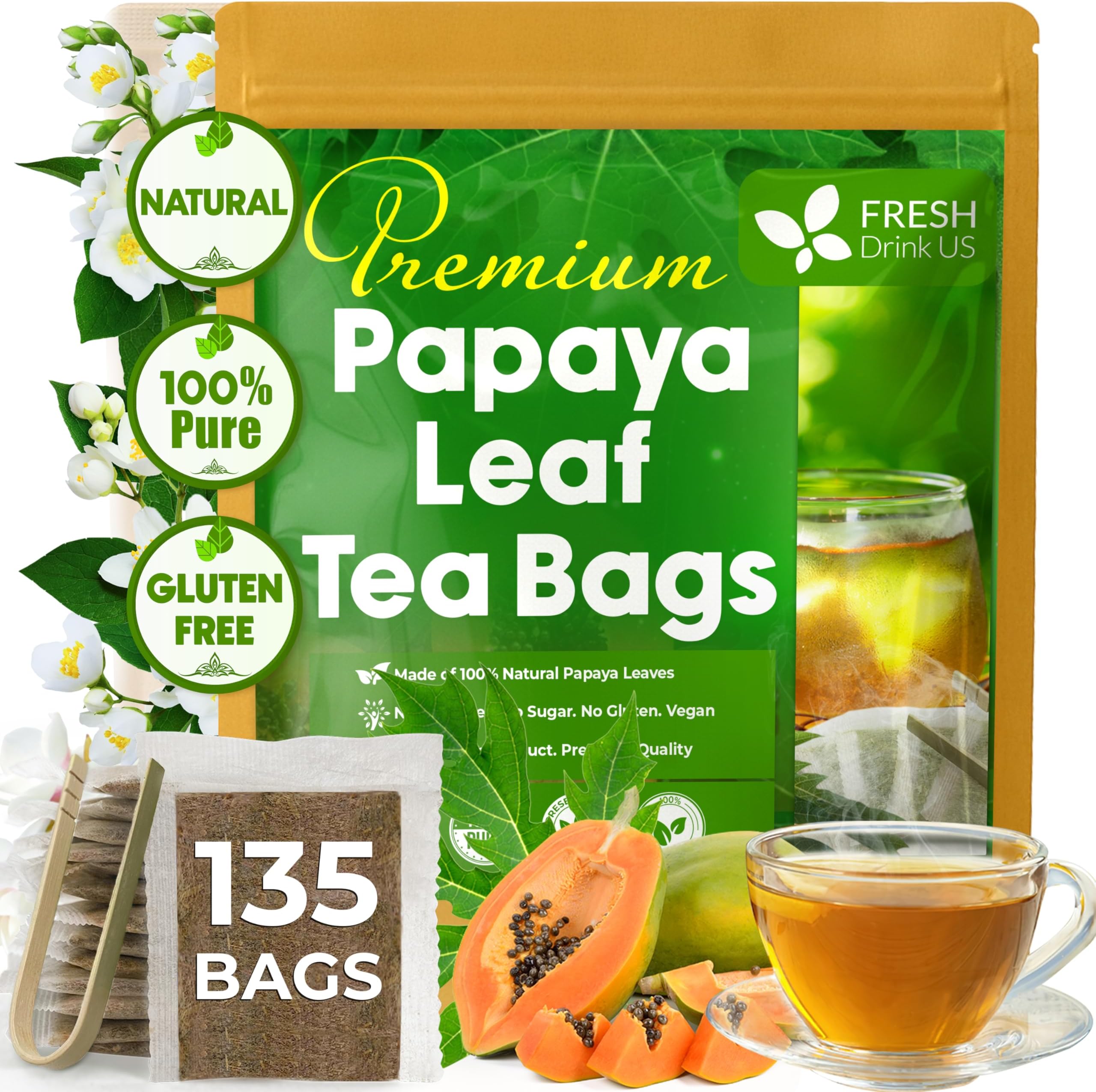 FreshDrinkUS, Premium 135 Papaya Leaf Tea Bags, 100% Natural & Pure from Papaya Leaves. Loose Leaf Herbal Tea. Made with Natural Material Tea Bags. No Sugar, No Caffeine, No Gluten, Vegan.