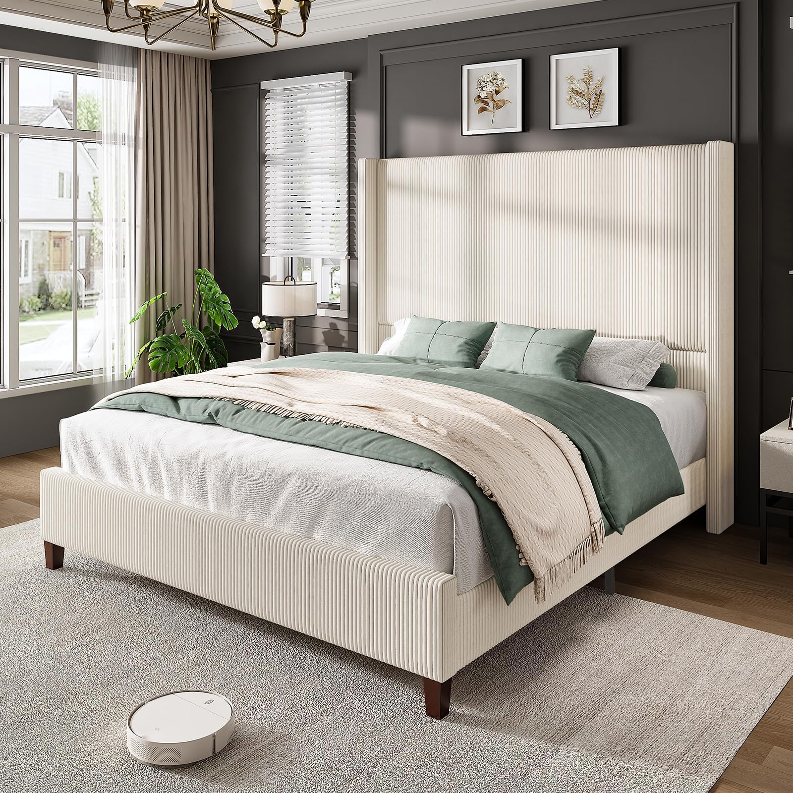 AMERLIFE Queen Size 62" Corduroy Upholstered Bed Frame, Luxurious Platform Bed with Extra Tall Wingback Headboard and Vertical Stripe, No Box Spring Needed/Solid Wood Slats & Legs/Cream