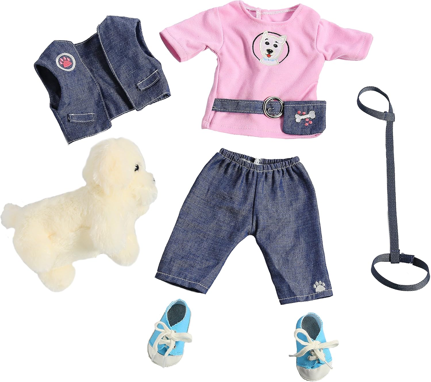 Dog Walker Doll Outfit for 18" Dolls (7 Piece Set) -My Puppy Costume Clothes and Accessories Set Includes T-Shirt, Vest, Pants, Belt, Shoes, Dog, and Leash for Girls Kids Birthday