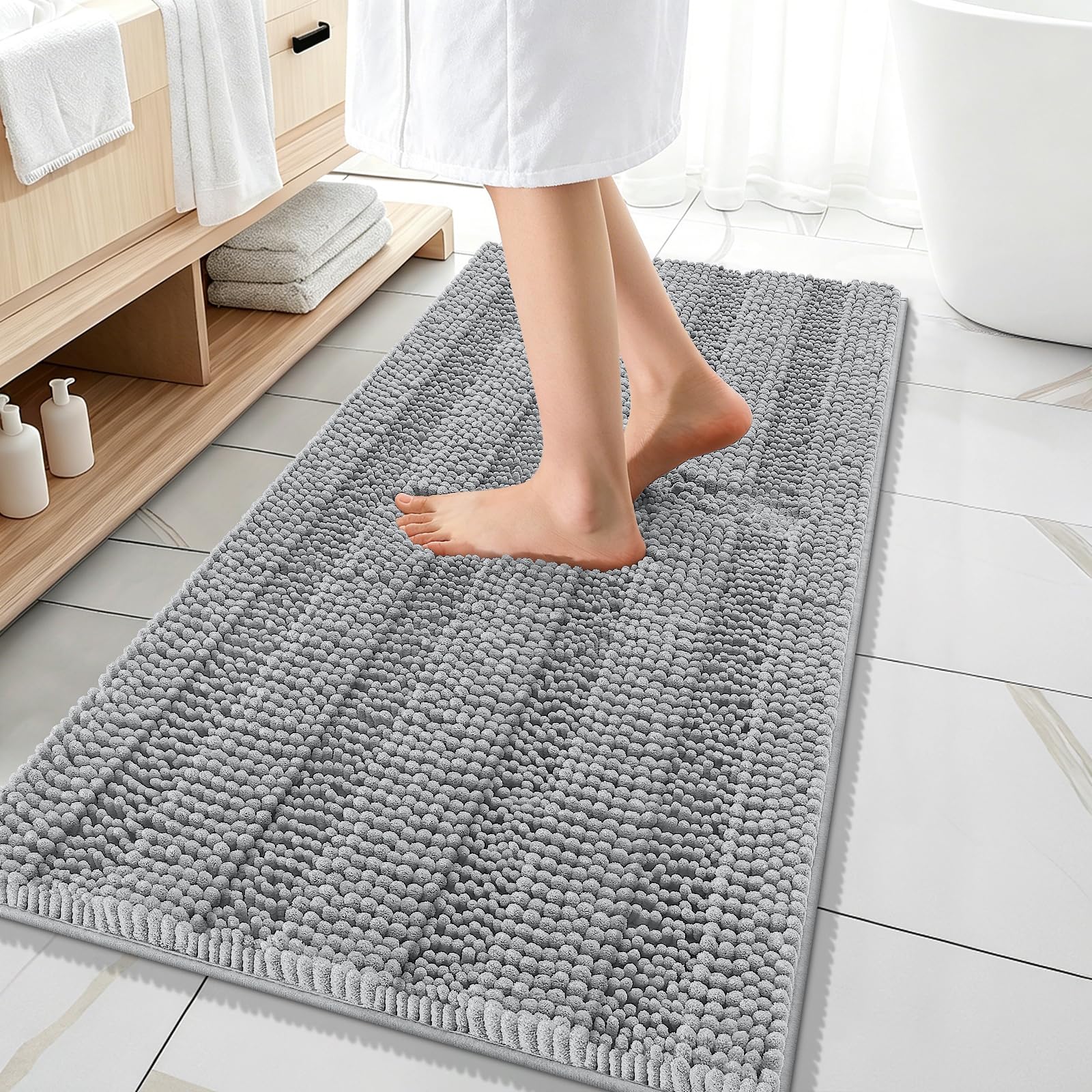 OLANLY Thick Bathroom Runner Rugs 47x20, Chenille Bath Rugs, Light Grey