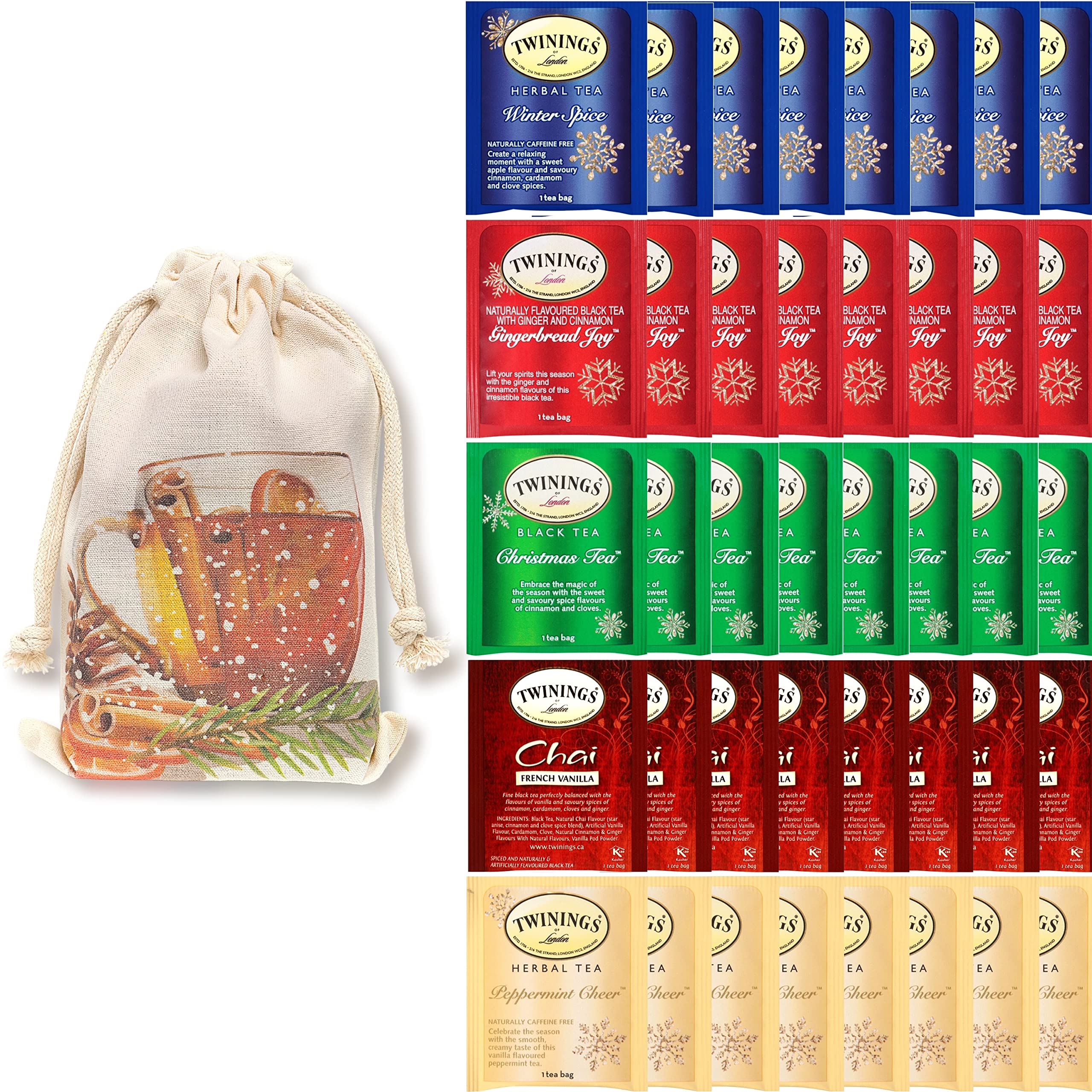 Twinings Holiday Tea Bag Sampler Gift Set Seasonal Assortment Variety 40 Count