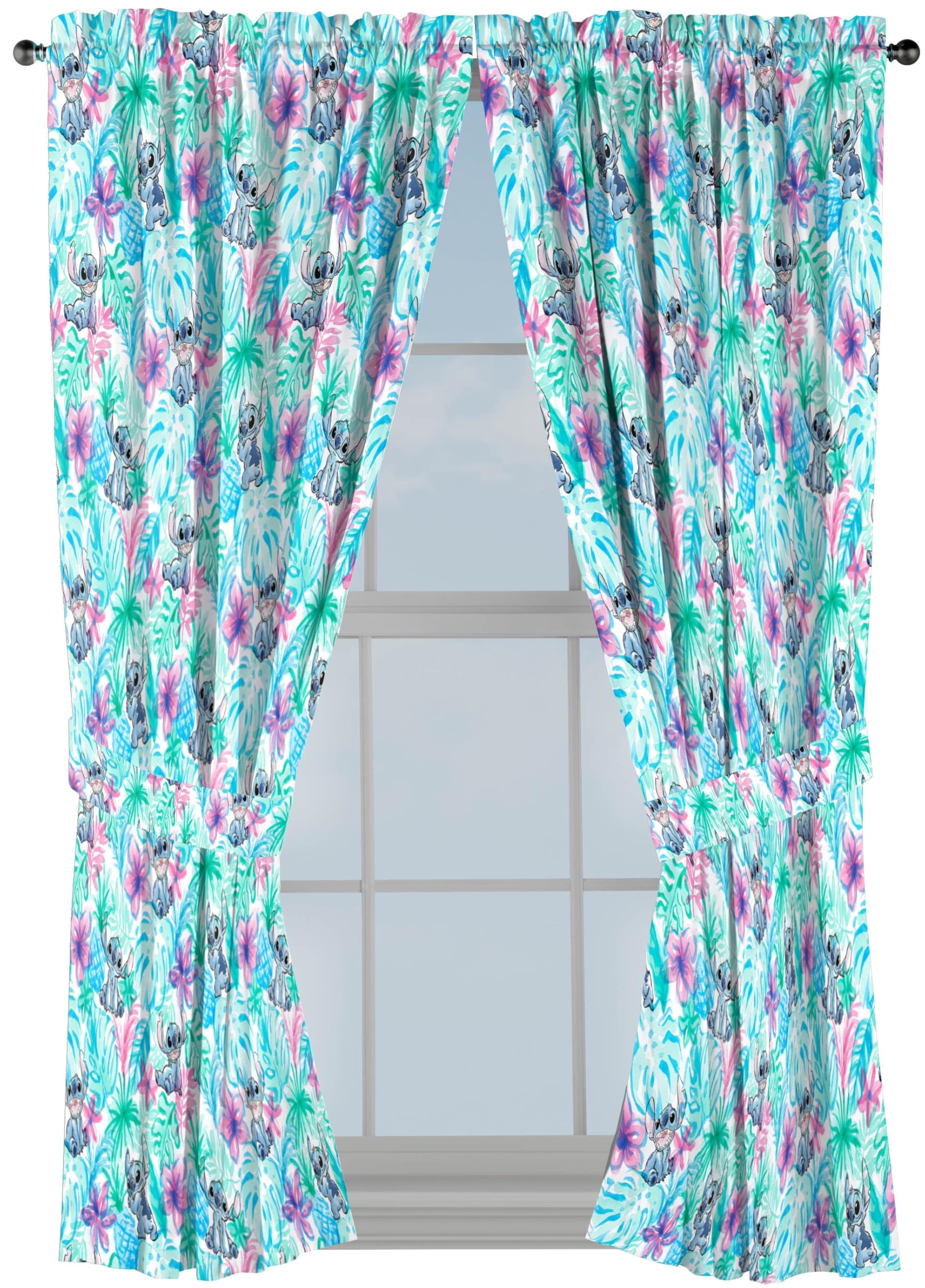 Jay Franco Window Curtains for Kids Bedroom 4-Piece Drape Set with 2 Tiebacks, Blue - Lilo & Stitch, 42